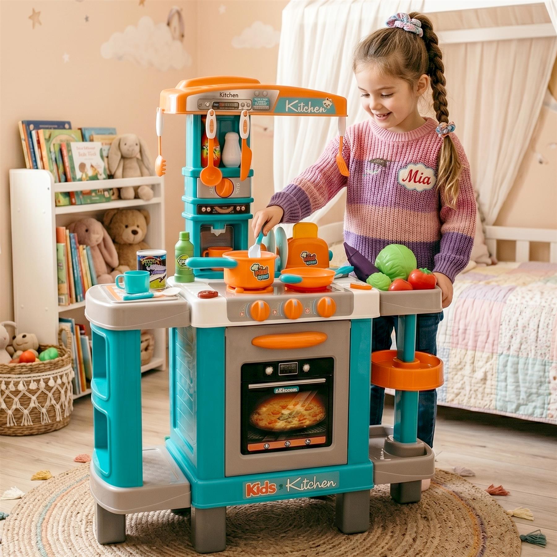 Plastic kitchen set features an oven, counter, sink, and accessories while a girl plays with the toy.
