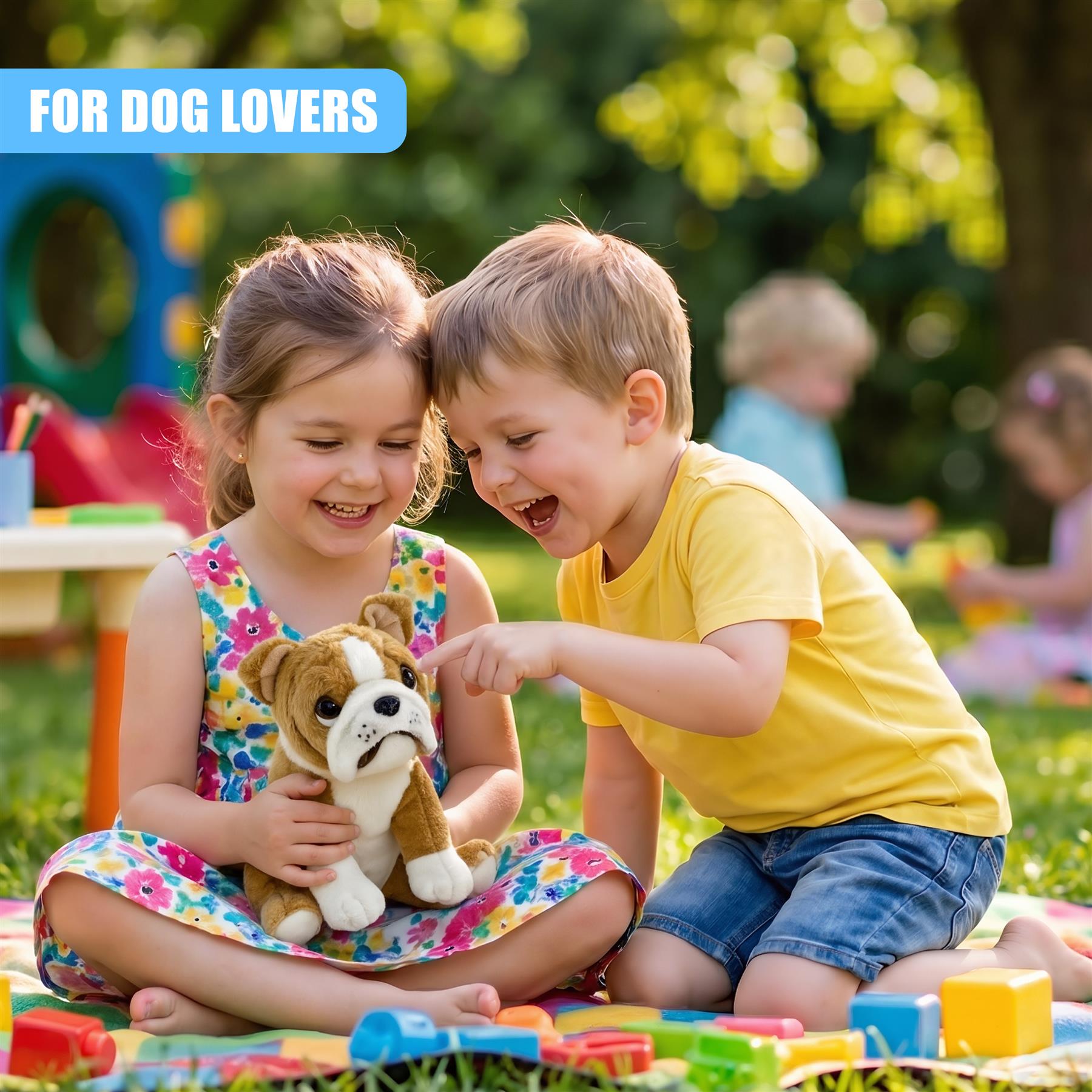 Two smiling children in a park with a stuffed British Bulldog puppy toy.