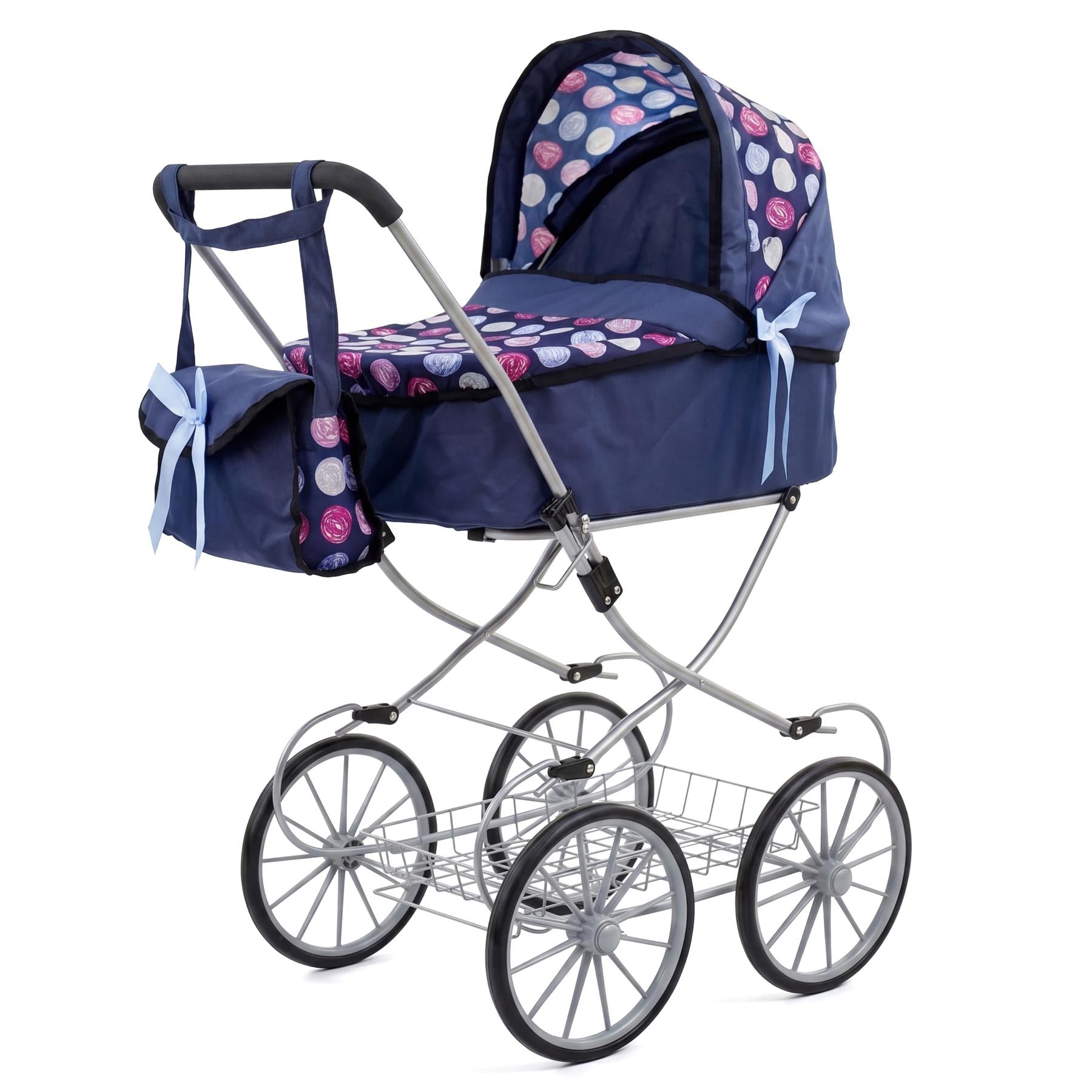 Blue doll pram with a fabric canopy, carriage cradle, and multi-wheel metal frame.