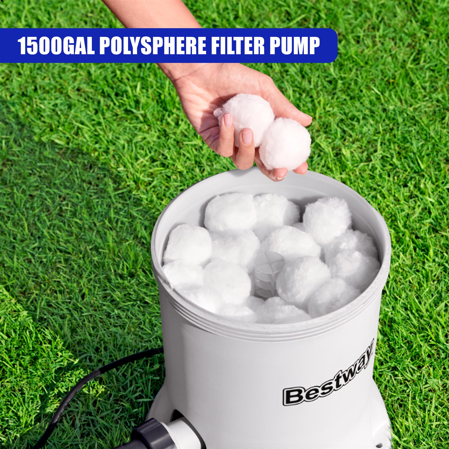 A gray pump filter contains white porous balls, and a hand holds additional white balls.