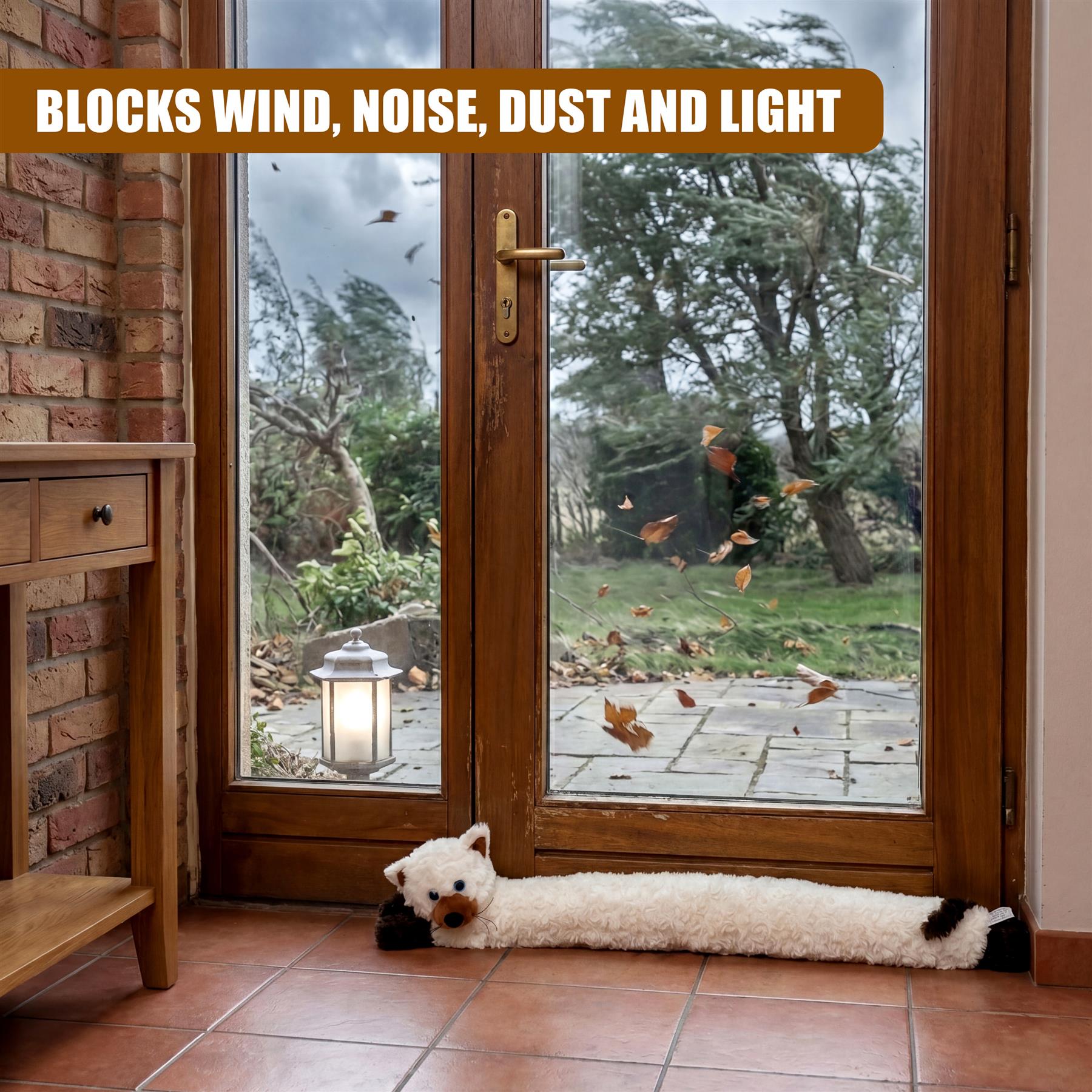 Cream plush draught excluder cat toy lies at the threshold of a wooden glass door.