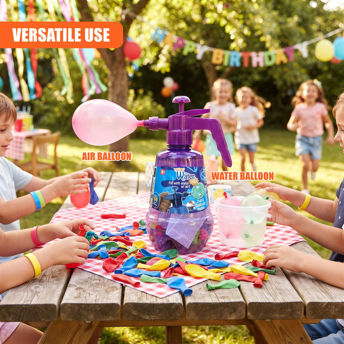2 in 1 Air & Water Balloon Pump bottle with balloons, shown being used outdoors