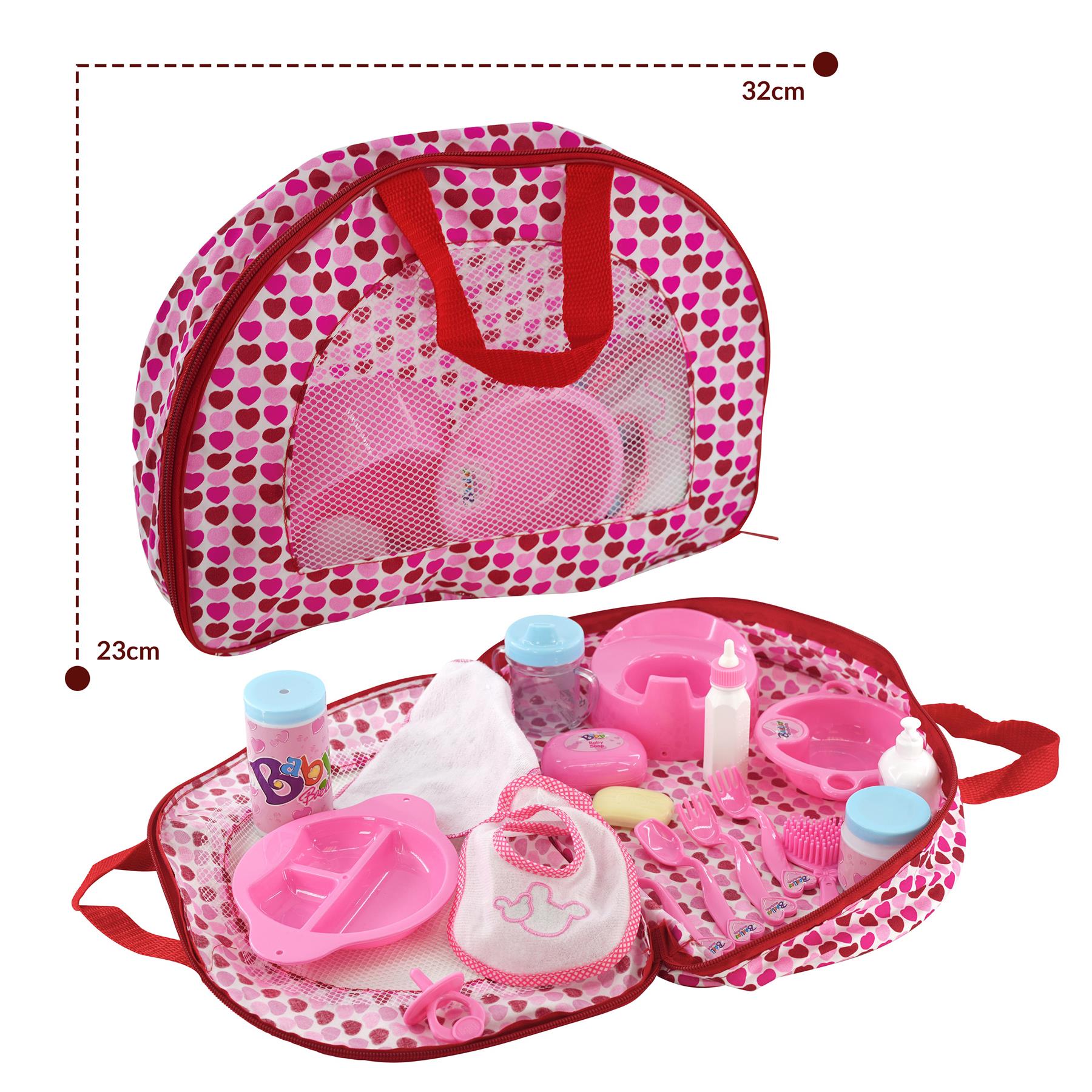 A pink baby playset with a compact, portable design, featuring a baby doll, baby food, baby clothes, and other baby care items. The set is contained within a pink, heart-patterned, zip-up bag with a handle. - The Magic Toy Shop