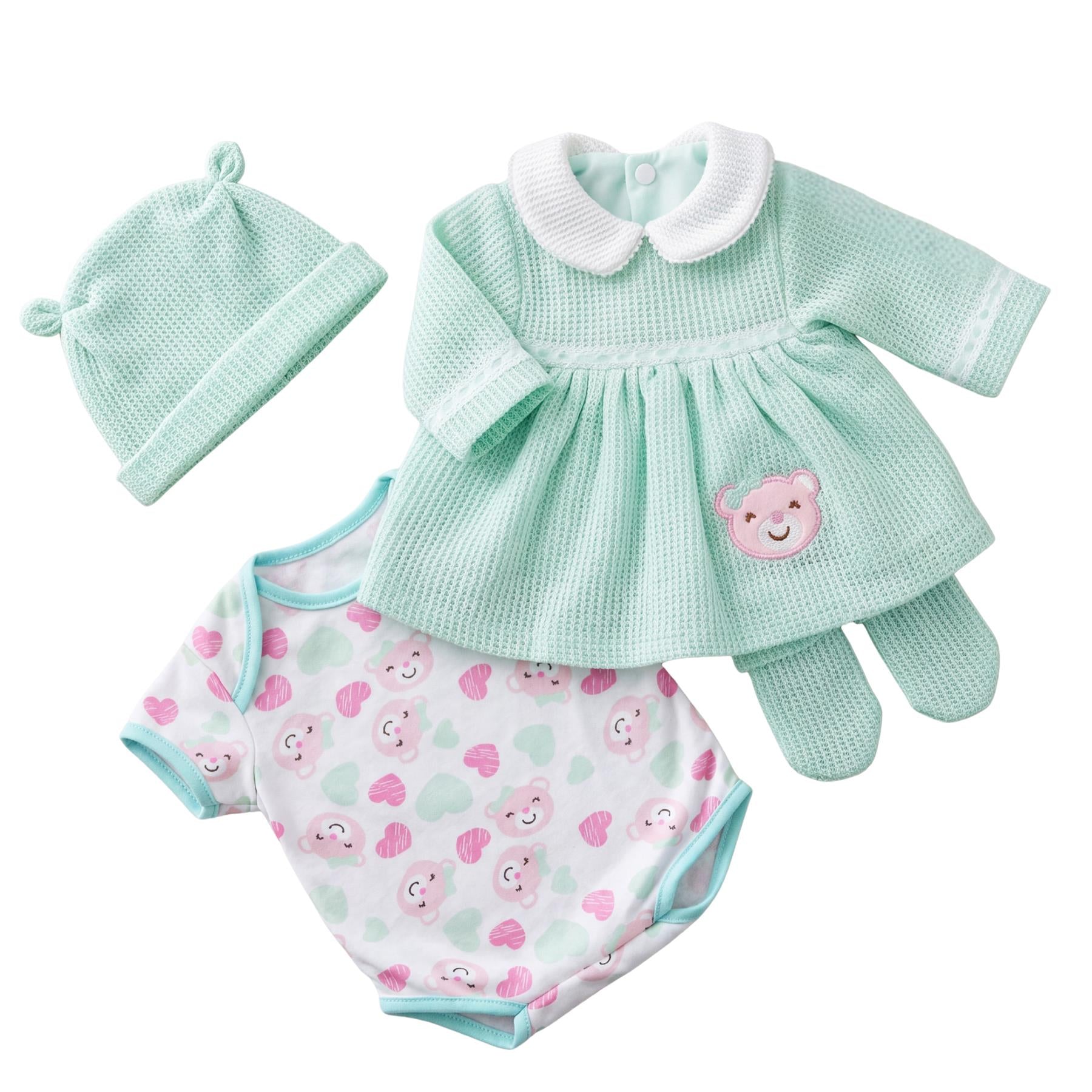 Mint green hat, light green dress, and patterned pink bodysuit for reborn dolls.