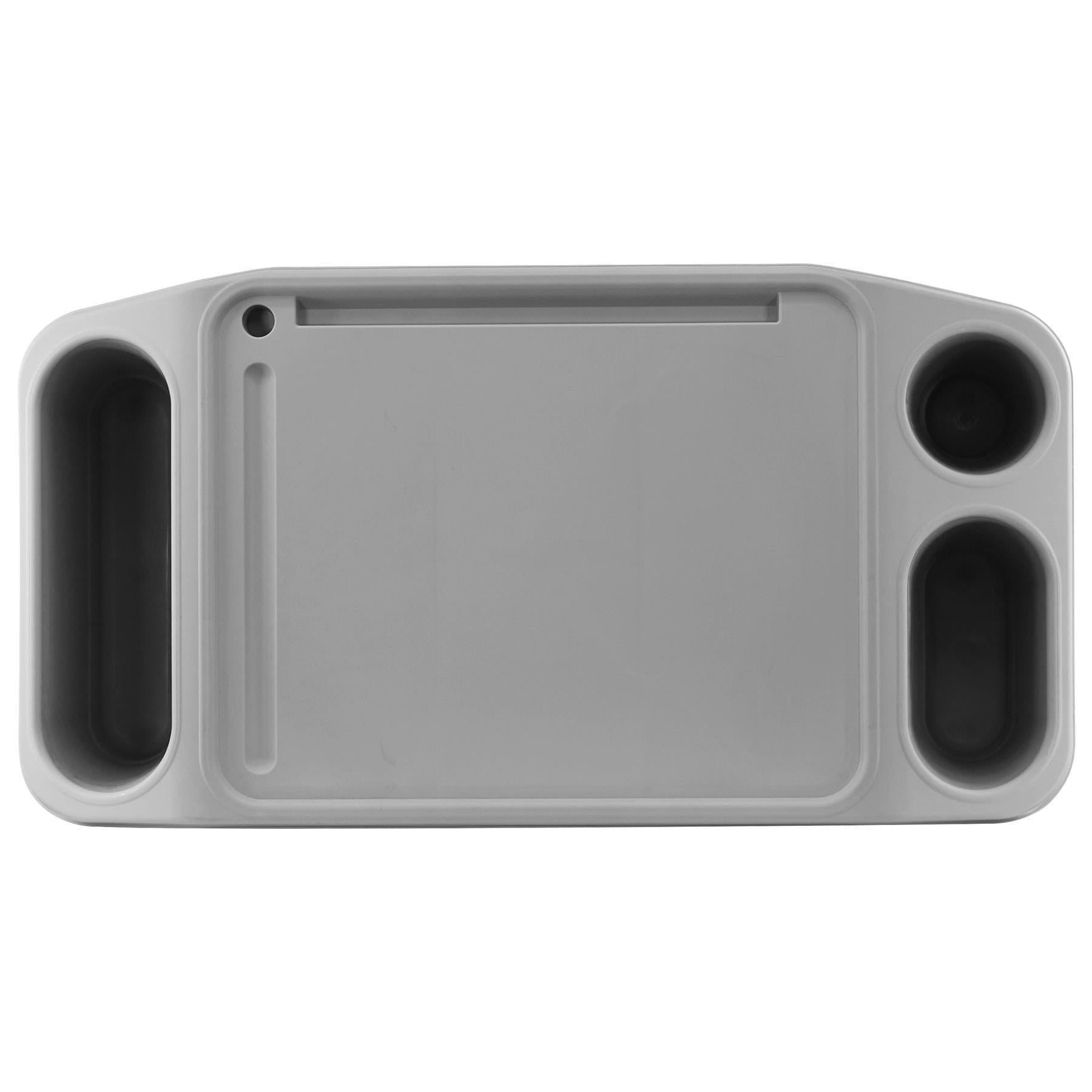A grey, rectangular tray with multiple compartments, including a large central area and two smaller ones on either side, with rounded corners and a smooth, flat surface. - The Magic Toy Shop