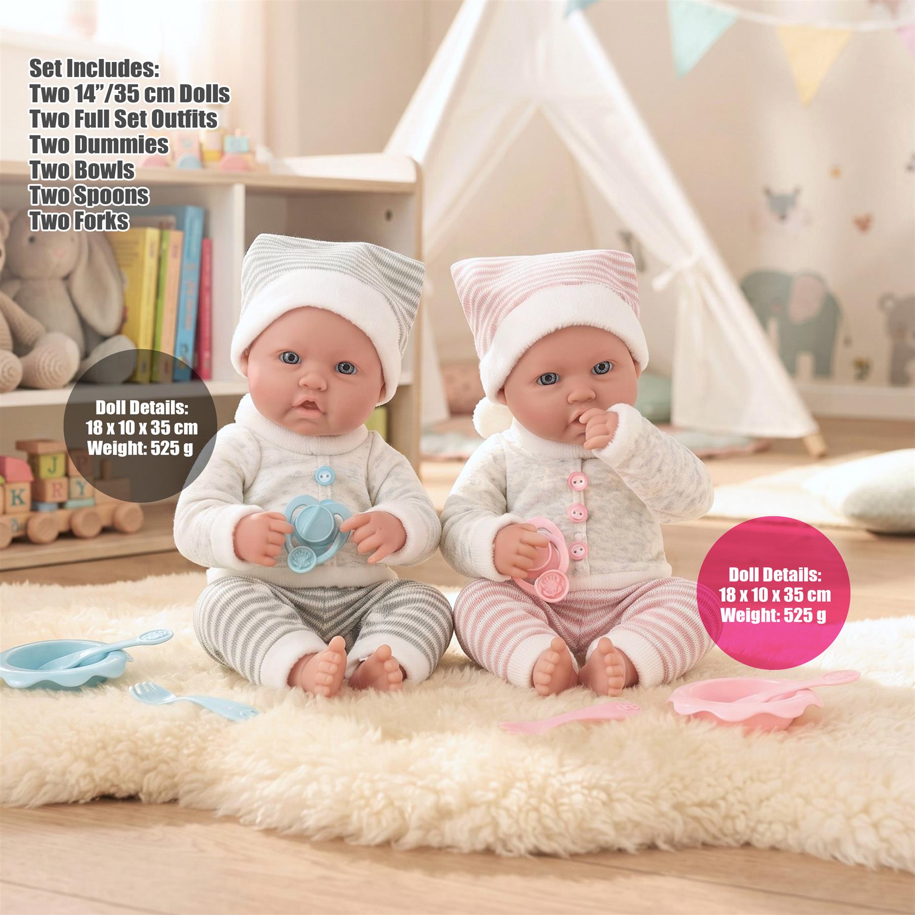 Twin Baby Dolls Dummy and Feeding Set