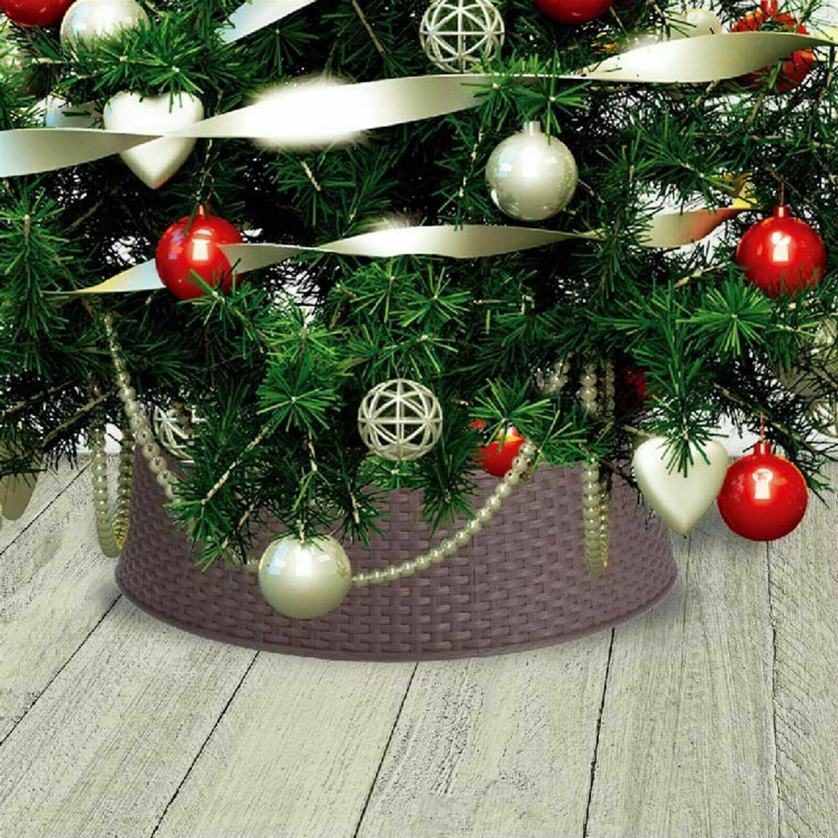 Brown GEEZY Christmas tree skirt with basket weave pattern and a green Christmas tree