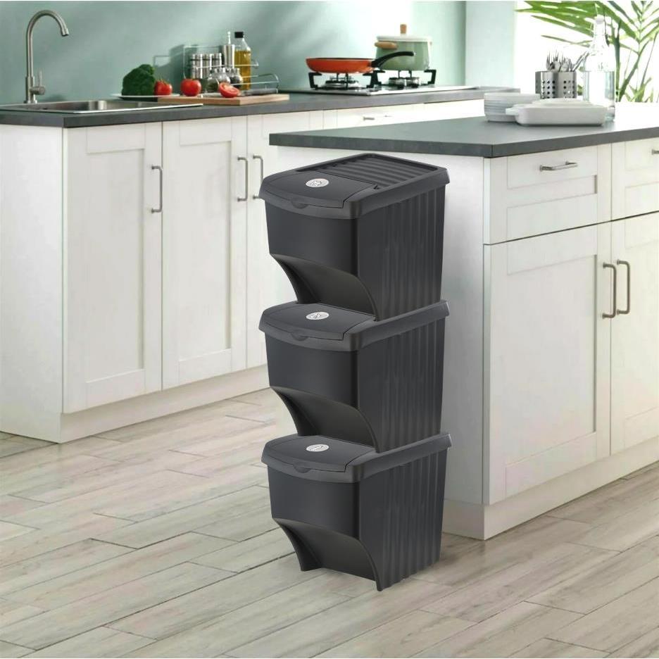 Black three-bin recycling station in kitchen - The Magic Toy Shop