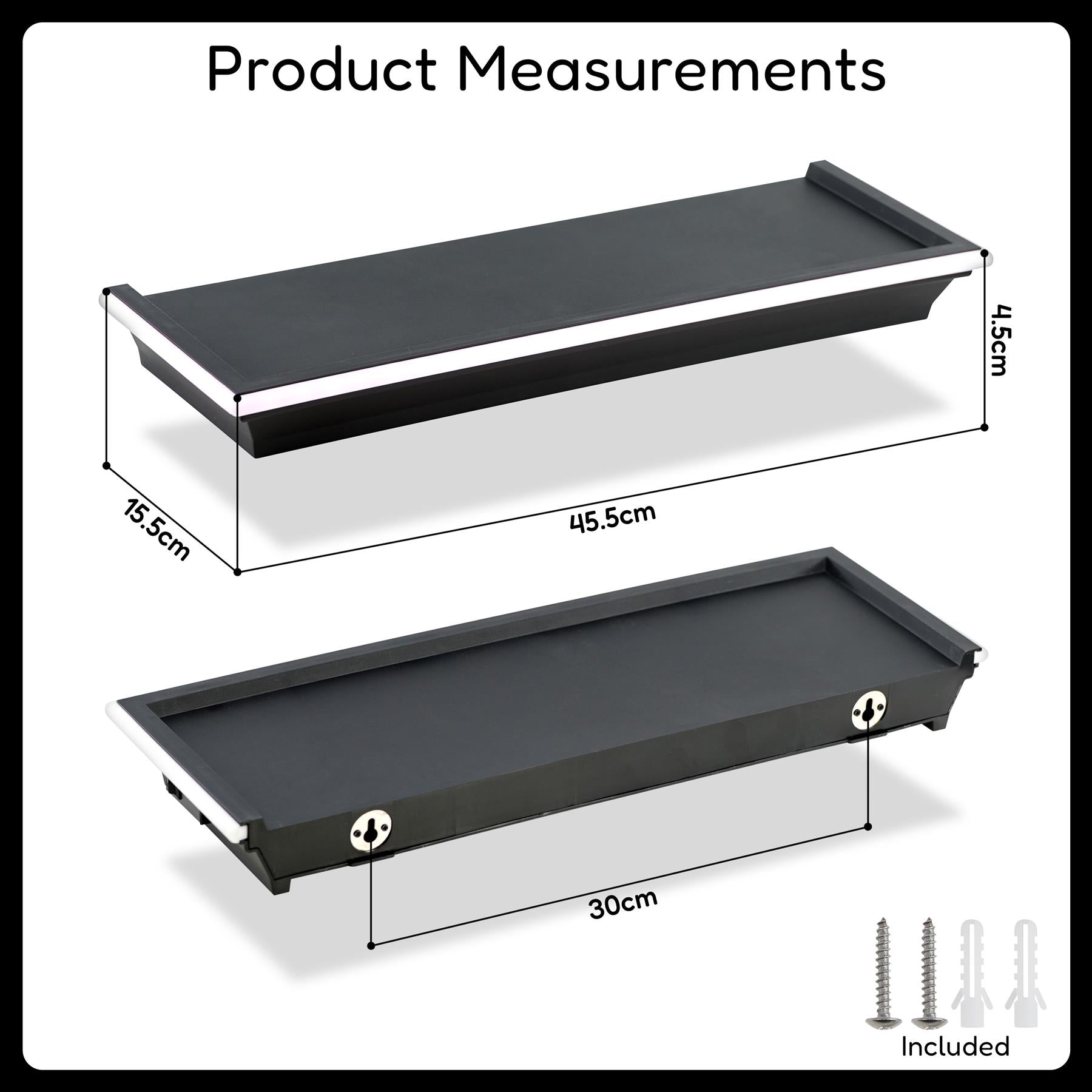 Product image featuring the GEEZY Black Floating Shelves, showcasing two sizes with measurements: top shelf measuring 45.5cm x 15.5cm and bottom shelf measuring 30cm x 45.5cm. The graphic includes an illustration of the shelves with dimensions and screw hardware included. Suitable for modern home decor and accent lighting. Available at themagictoyshop.