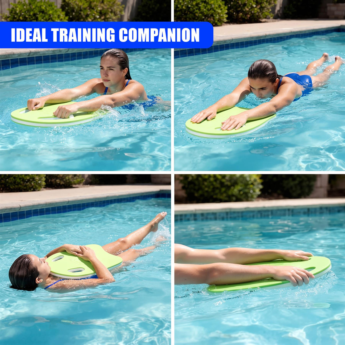 A woman uses a bright green EVA foam kickboard float to practice kicking in a swimming pool