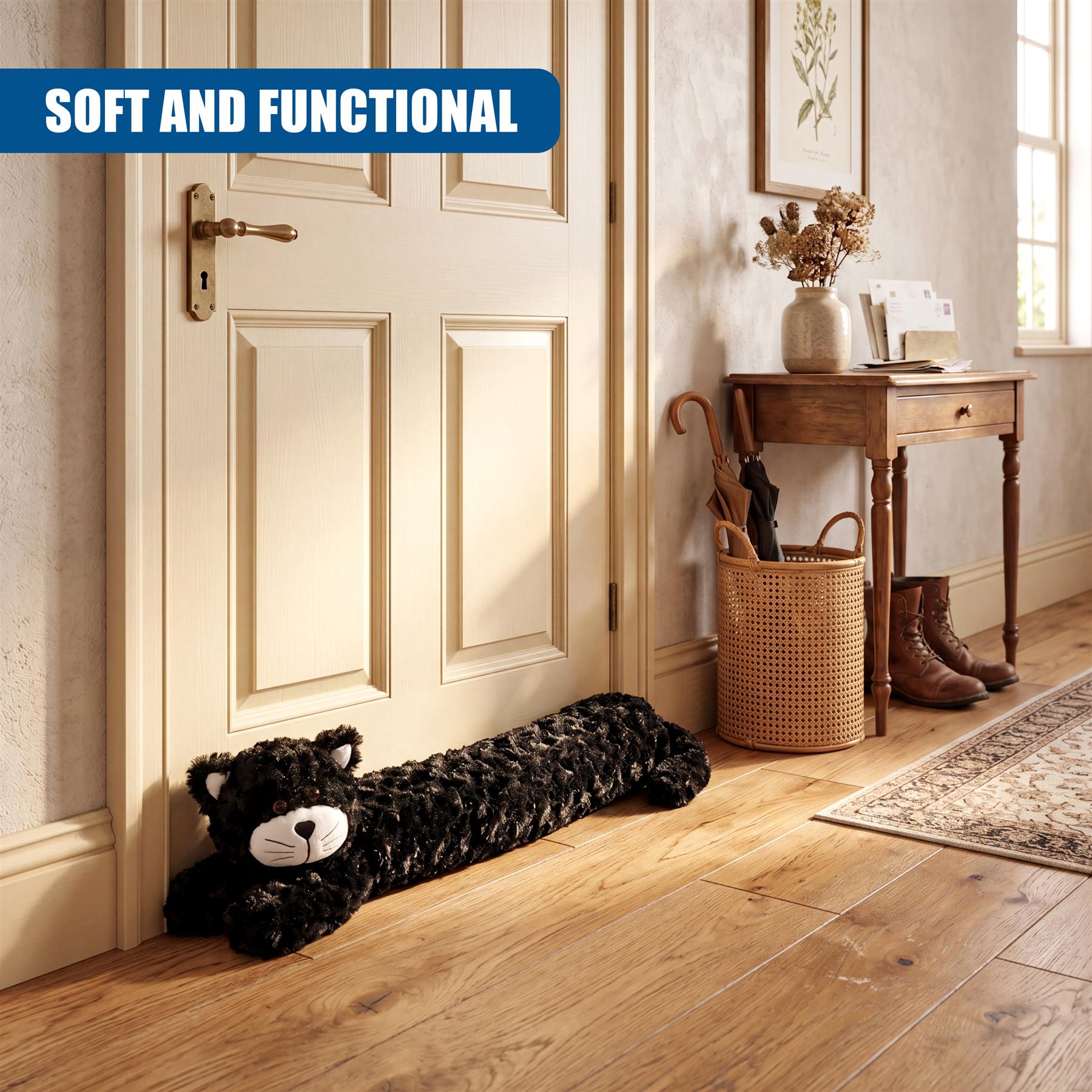 Plush black cat shaped draught excluder lying across the light wooden floor.