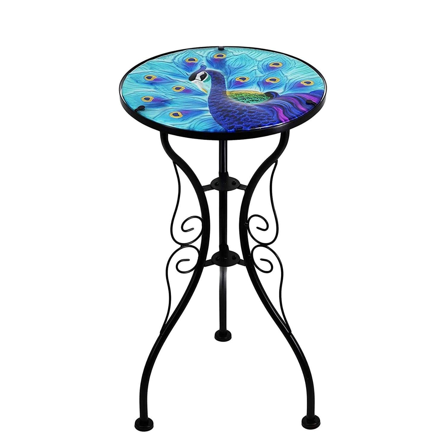 Geezy Round Side Mosaic Garden Table With Blue Peacock Design