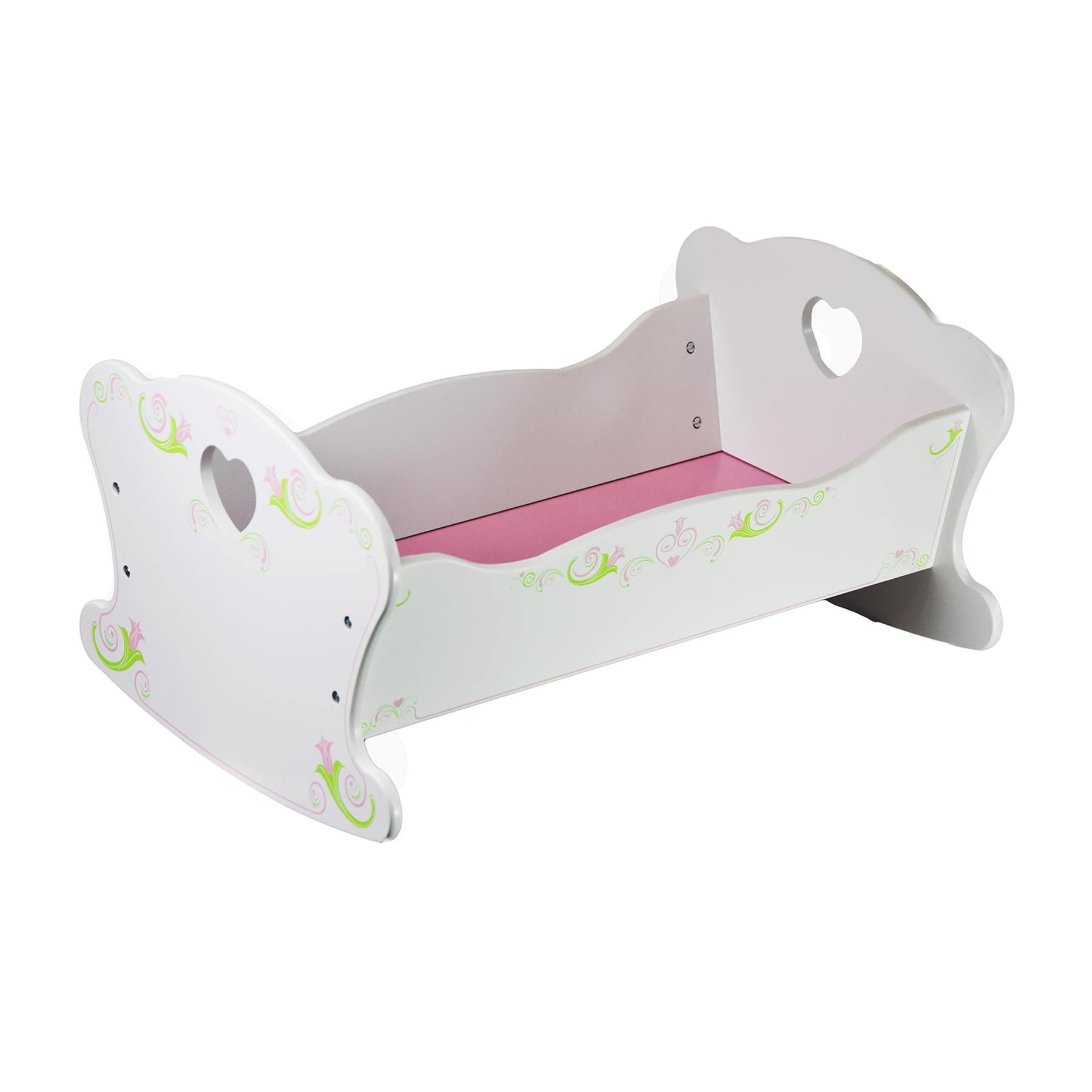 White wooden doll crib featuring curved headboards, decorative scrollwork, and pink accents.
