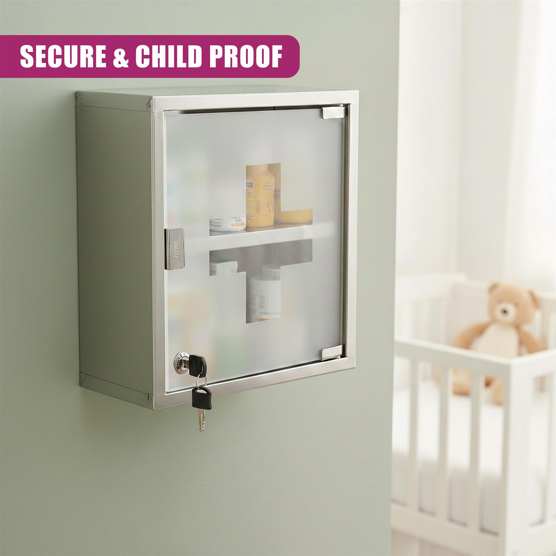 Silver wall cabinet with glass front, internal shelves, and a lock mechanism visible.