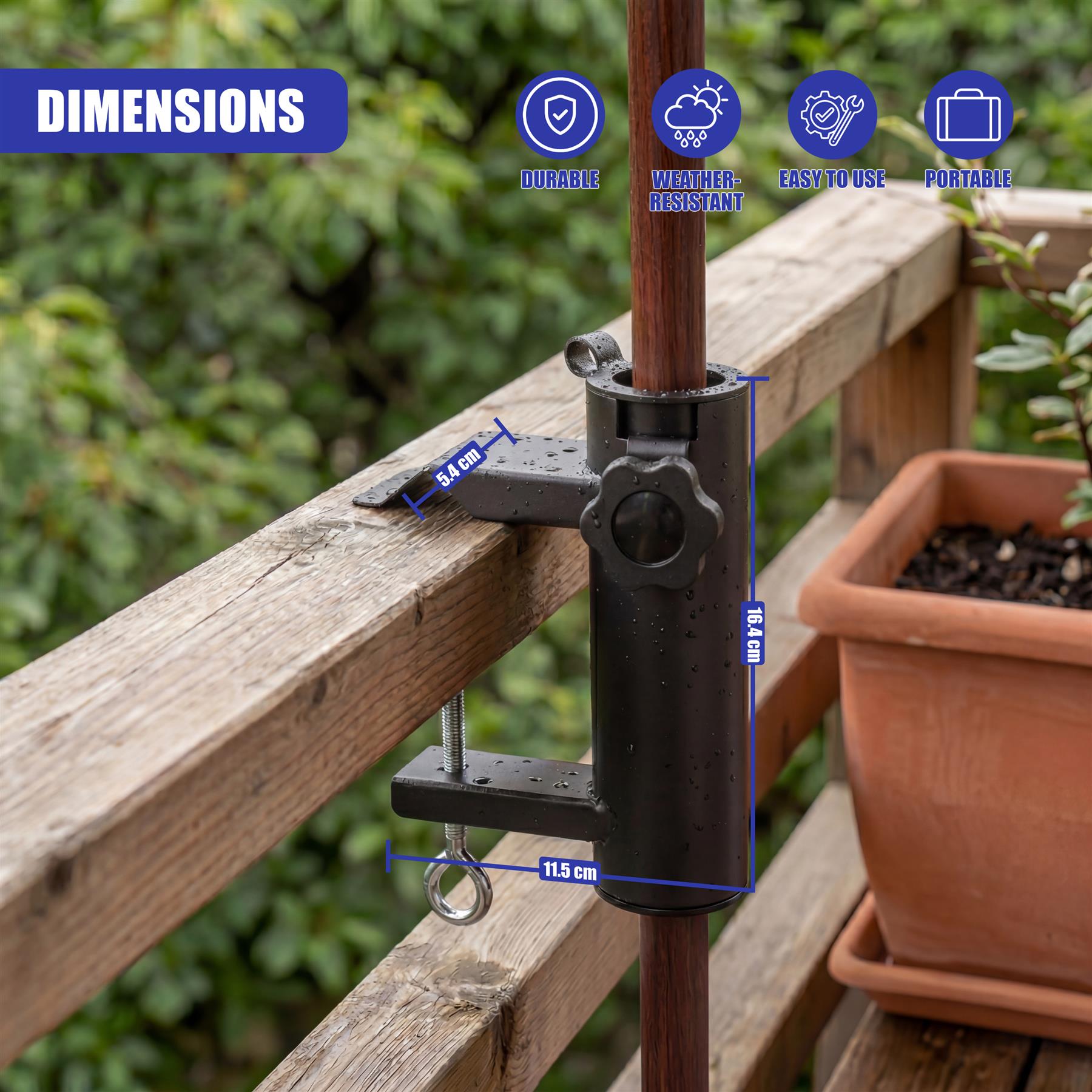 Black metal pole clamp secures to a pole and rests against a wooden railing structure.