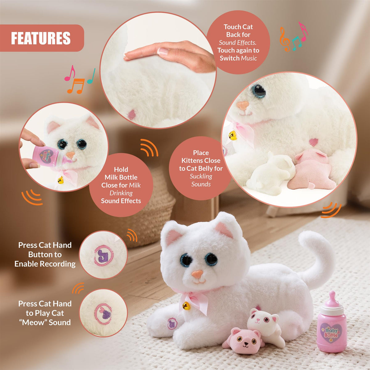 Interactive Plush Cat with 2 Kittens and Sounds