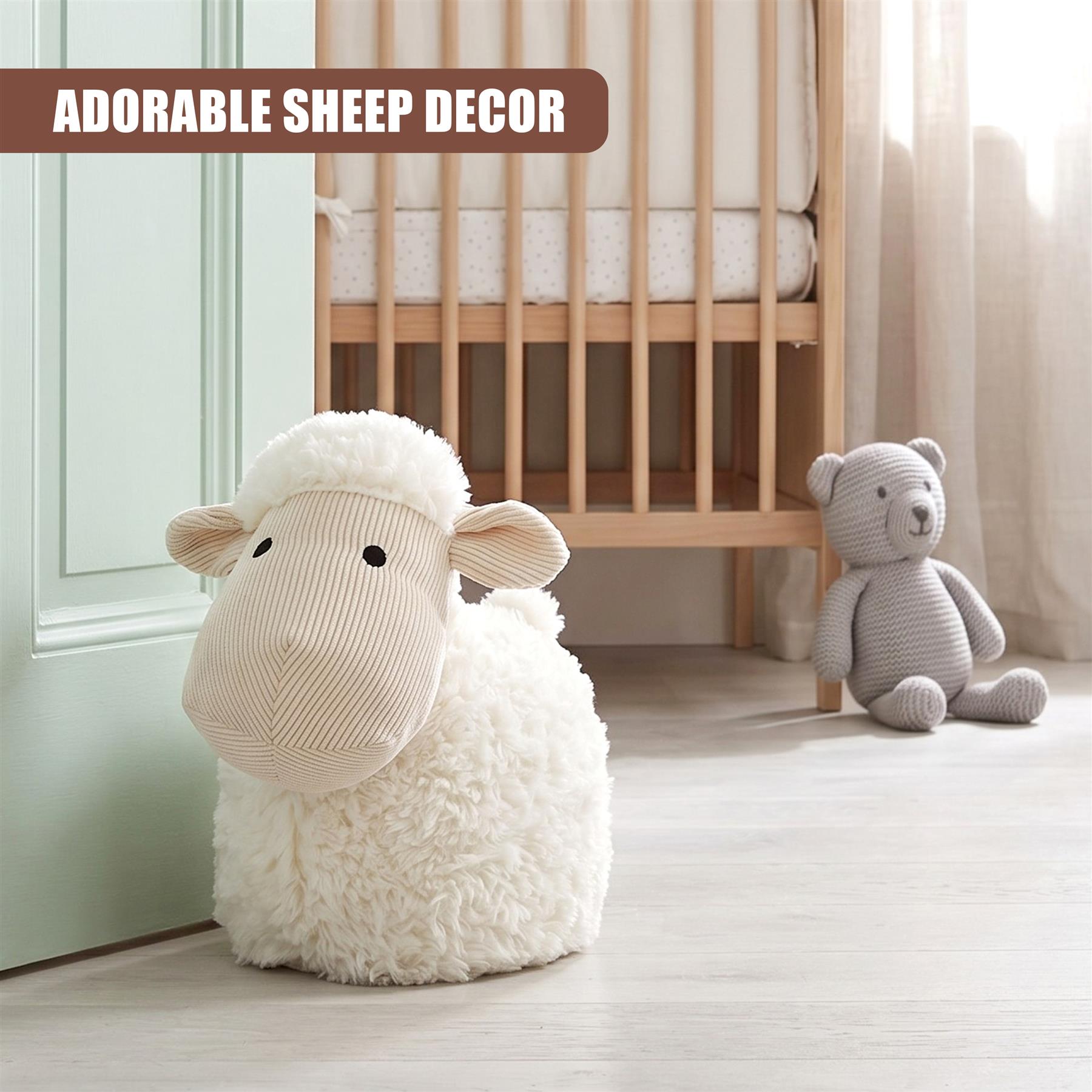 A plush, fluffy white sheep figure stands near a light green door and a wooden crib.