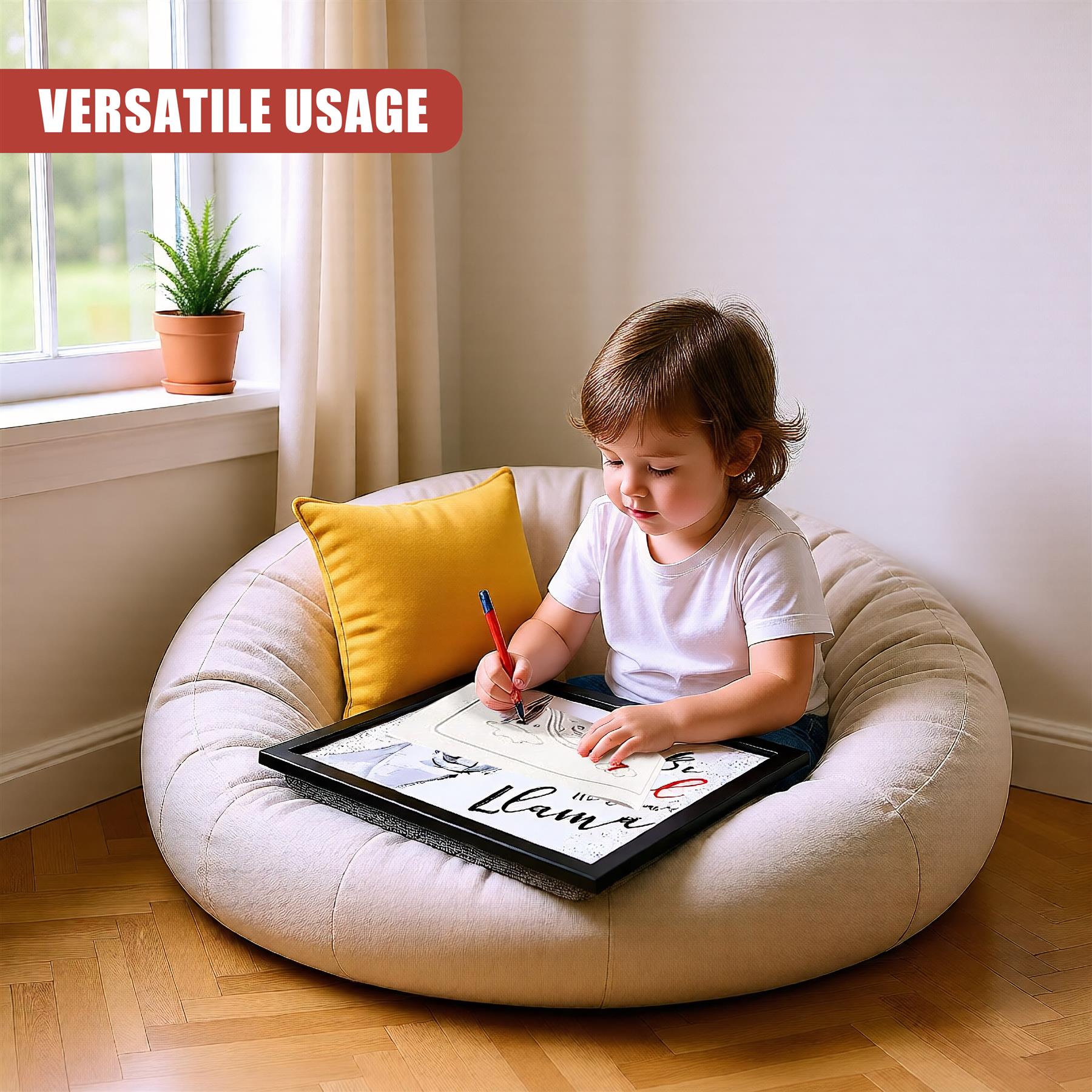 Young child sits on a beige bean bag chair, writing on a black lap tray featuring a llama graphic.