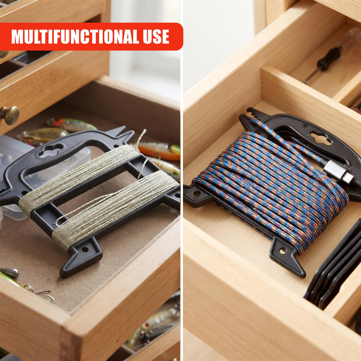 GEEZY Christmas Light Reel Storage holds fairy lights and cables in a wooden drawer