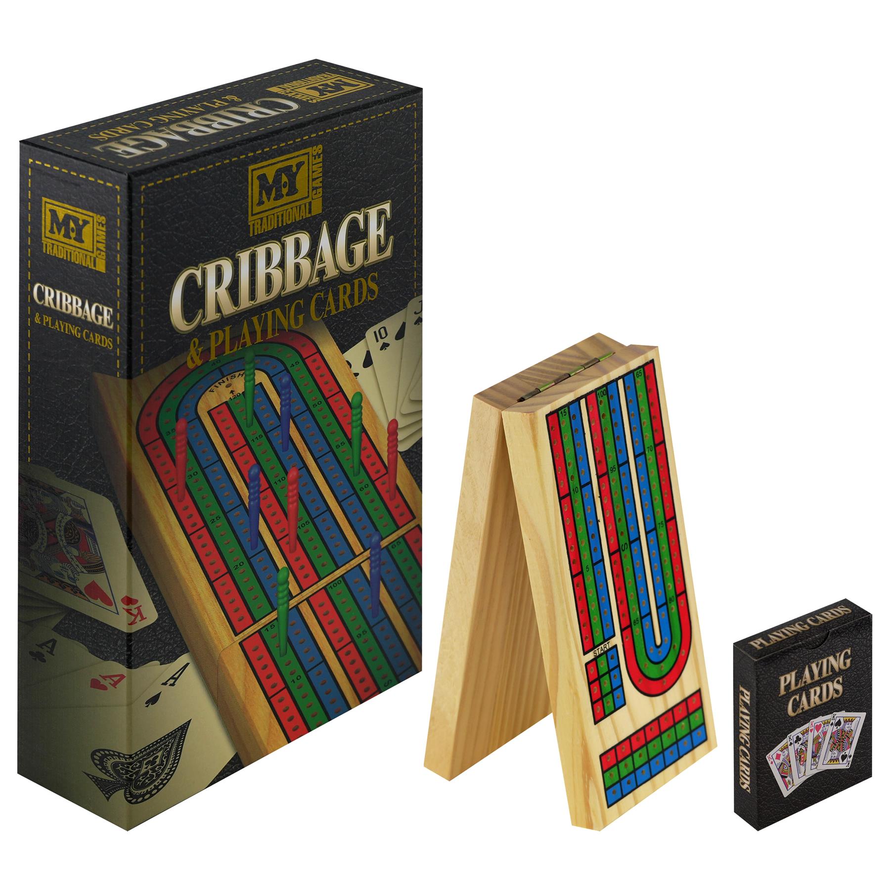 A set of wooden cribbage game components, including the board, card rack, and playing cards.