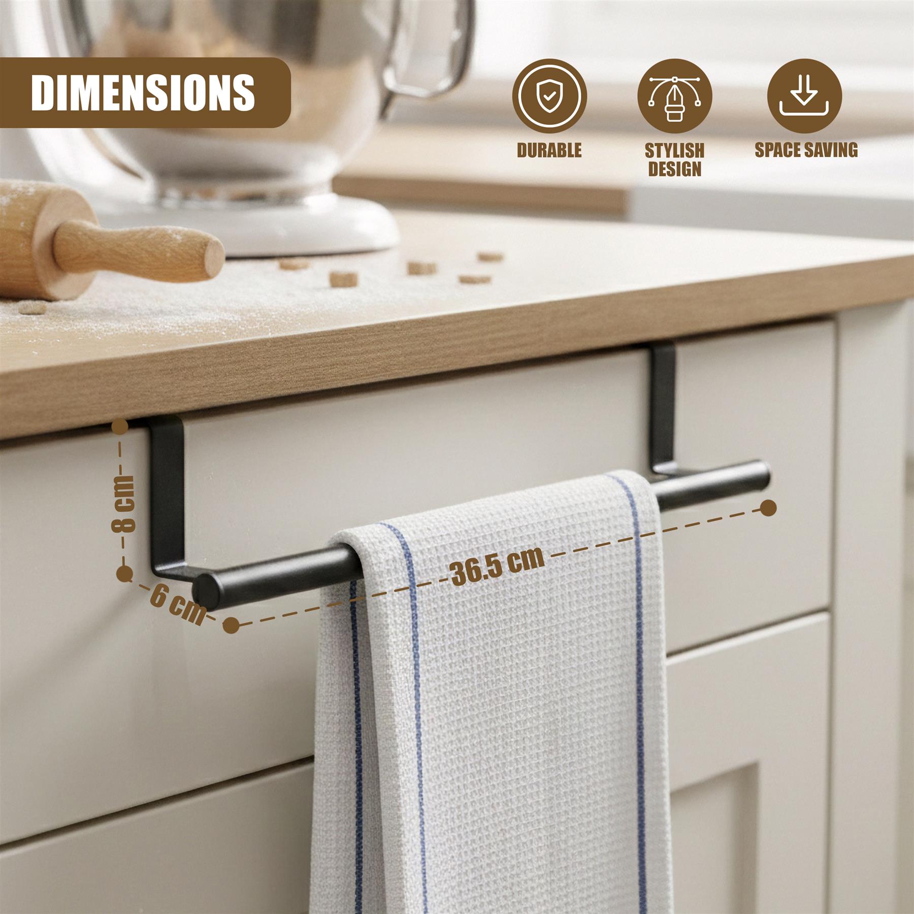 Black metal rail suspended beneath a counter holds a towel and shows dimensions of 36.5 cm.