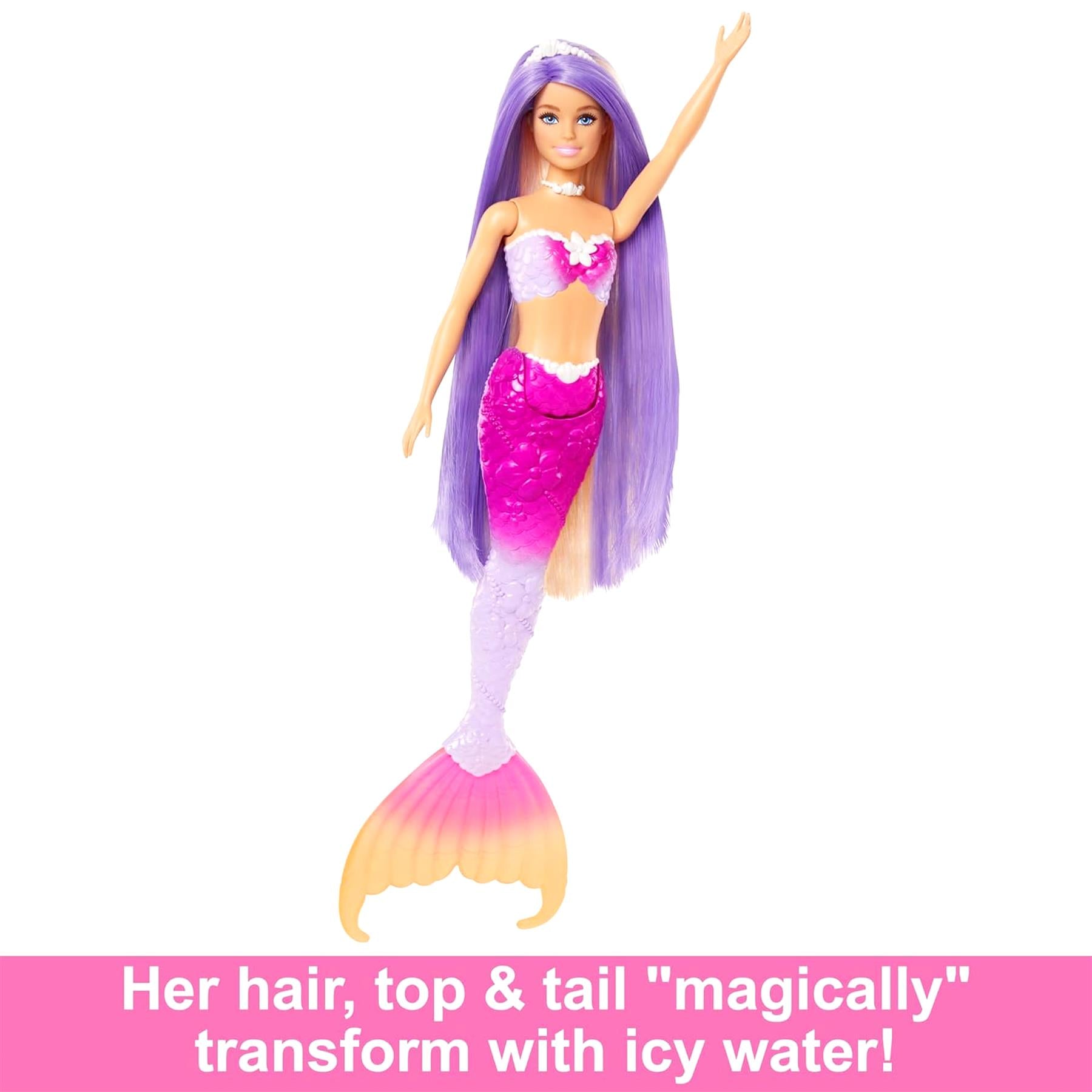 A mermaid doll with long purple hair, a pink top, and a yellow-gold tail.