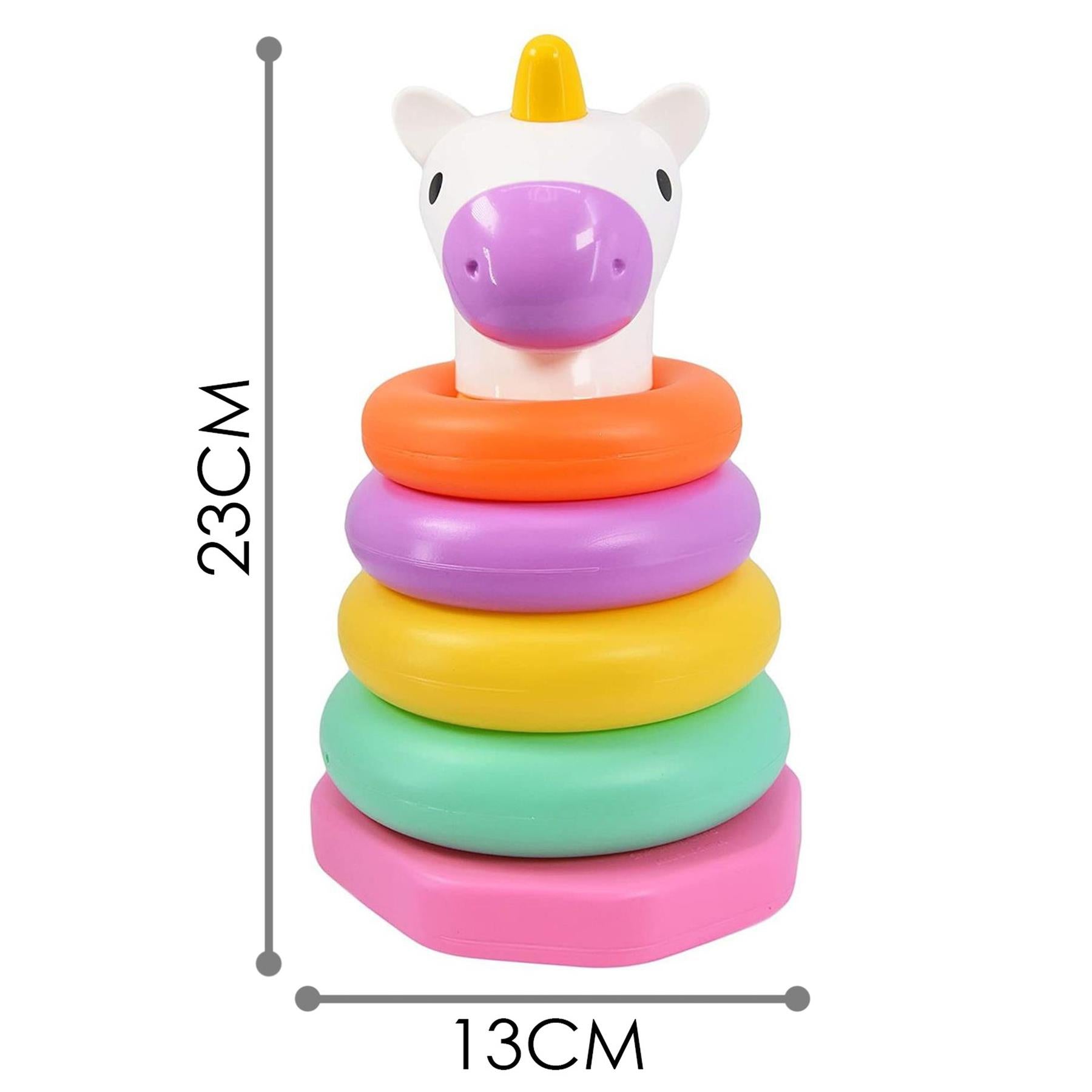 A multi-colored stacking ring toy with a unicorn topper, measuring 23 by 13 cm.