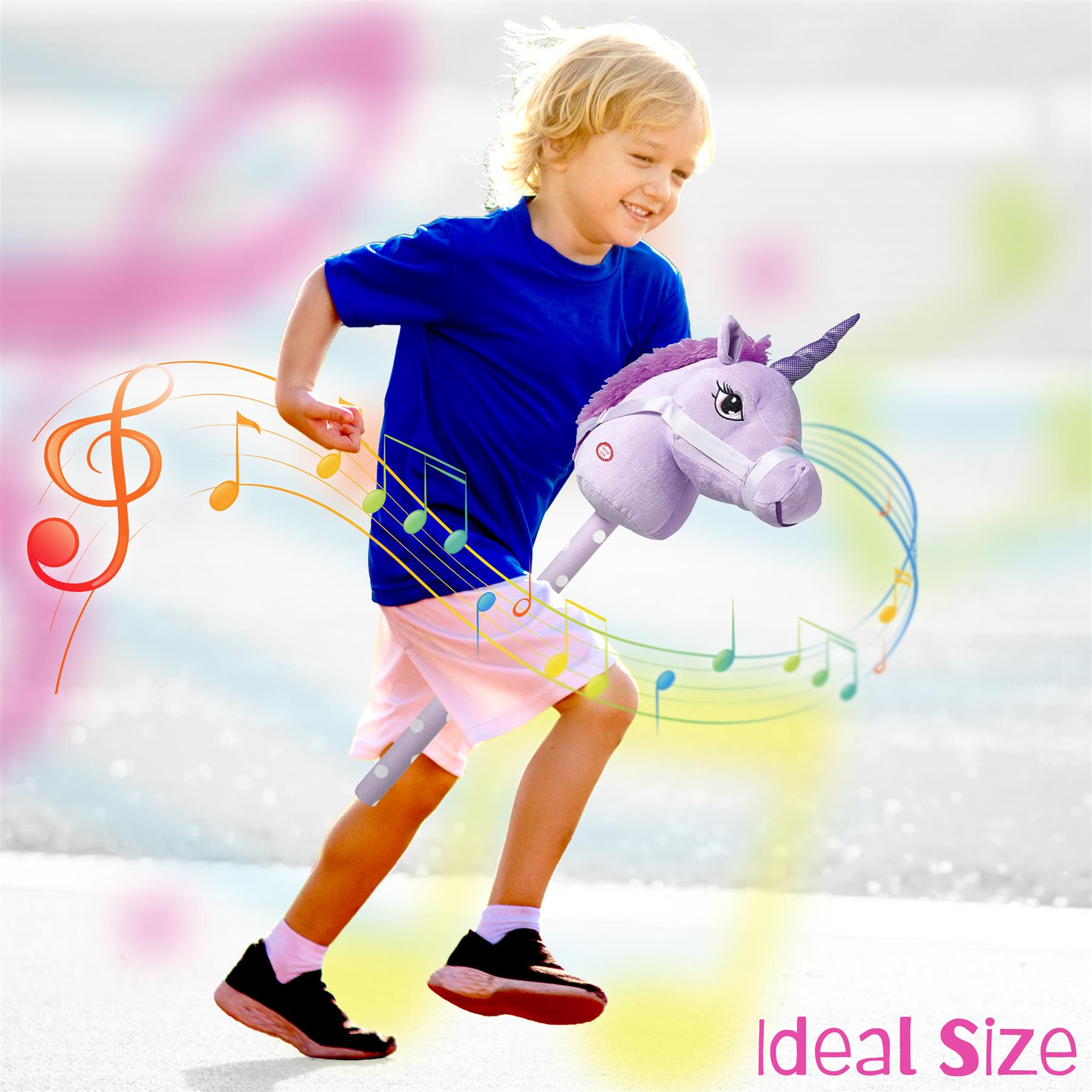 A young child runs joyfully while holding a lilac hobby horse, featuring a unicorn head, with musical notes swirling around them. The child wears a blue shirt and shorts, embodying a playful spirit. This lively scene highlights the toy's ideal size for imaginative play. Perfect for encouraging active fun and creativity, available at themagictoyshop.