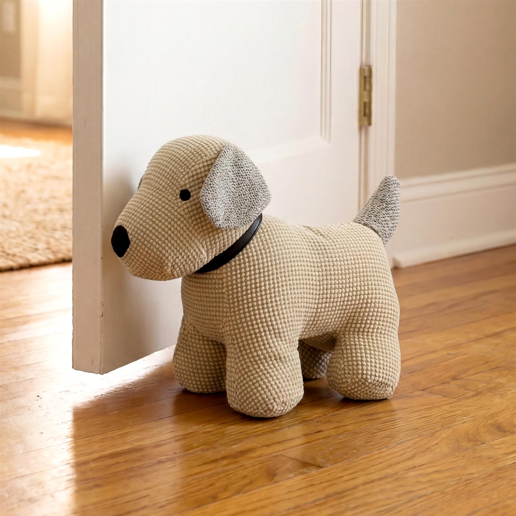 Crocheted dog toy, designed as a door stopper, rests on a hardwood floor.