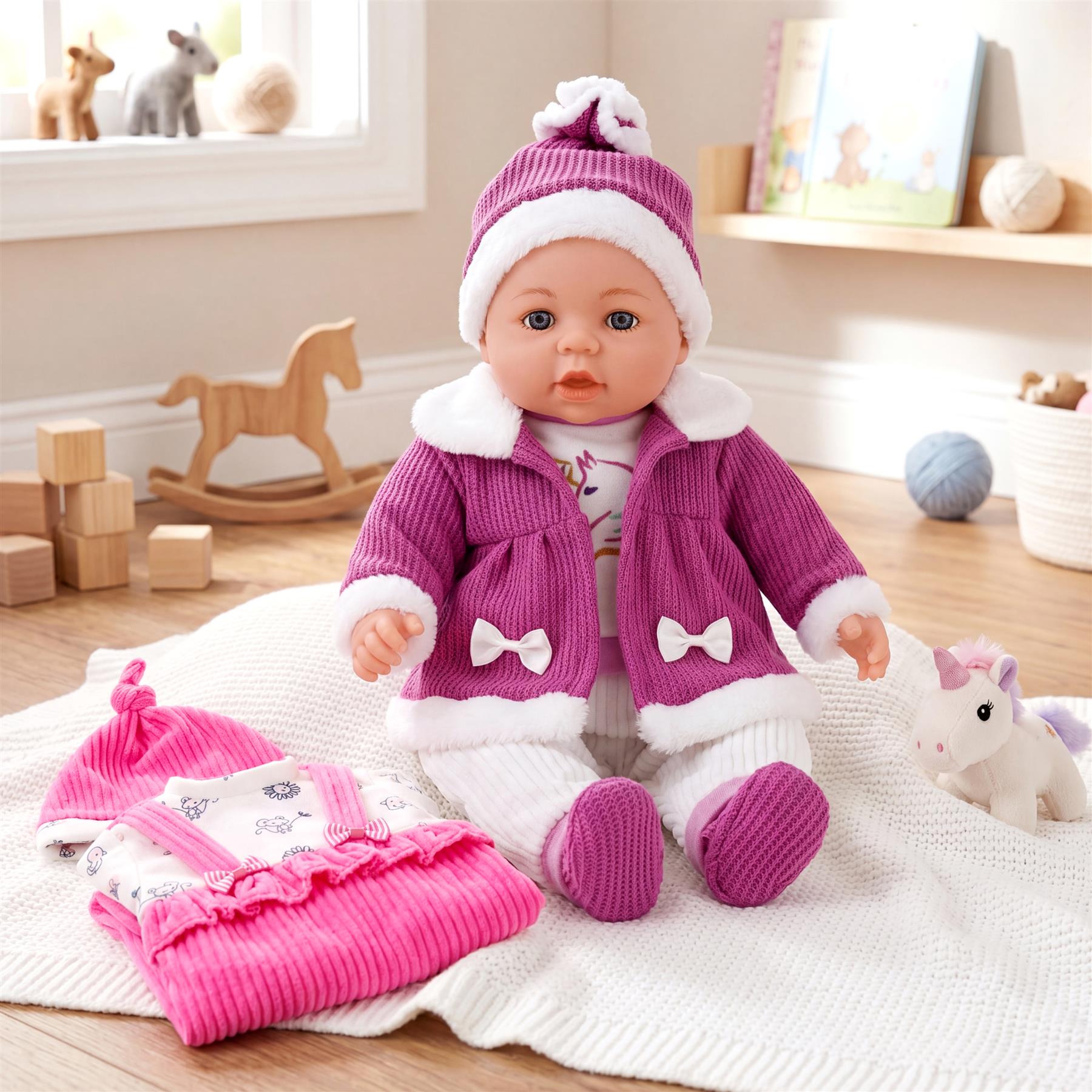 A doll wears a purple coat and hat, next to a separate pink and white knitted clothing set.