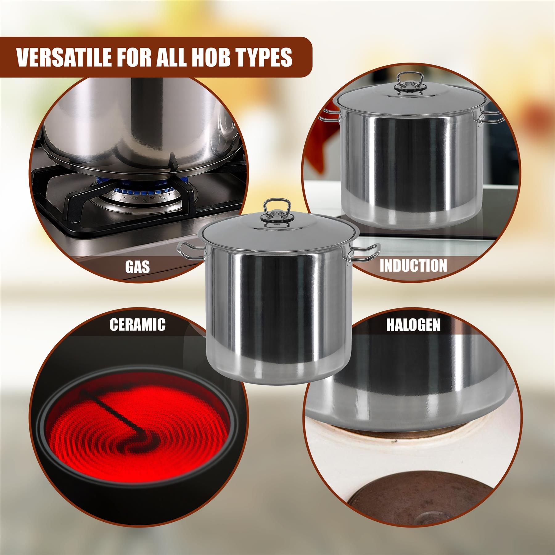Stainless steel stock pot shown operating on four types of cooktops: gas, ceramic, induction, and halogen.