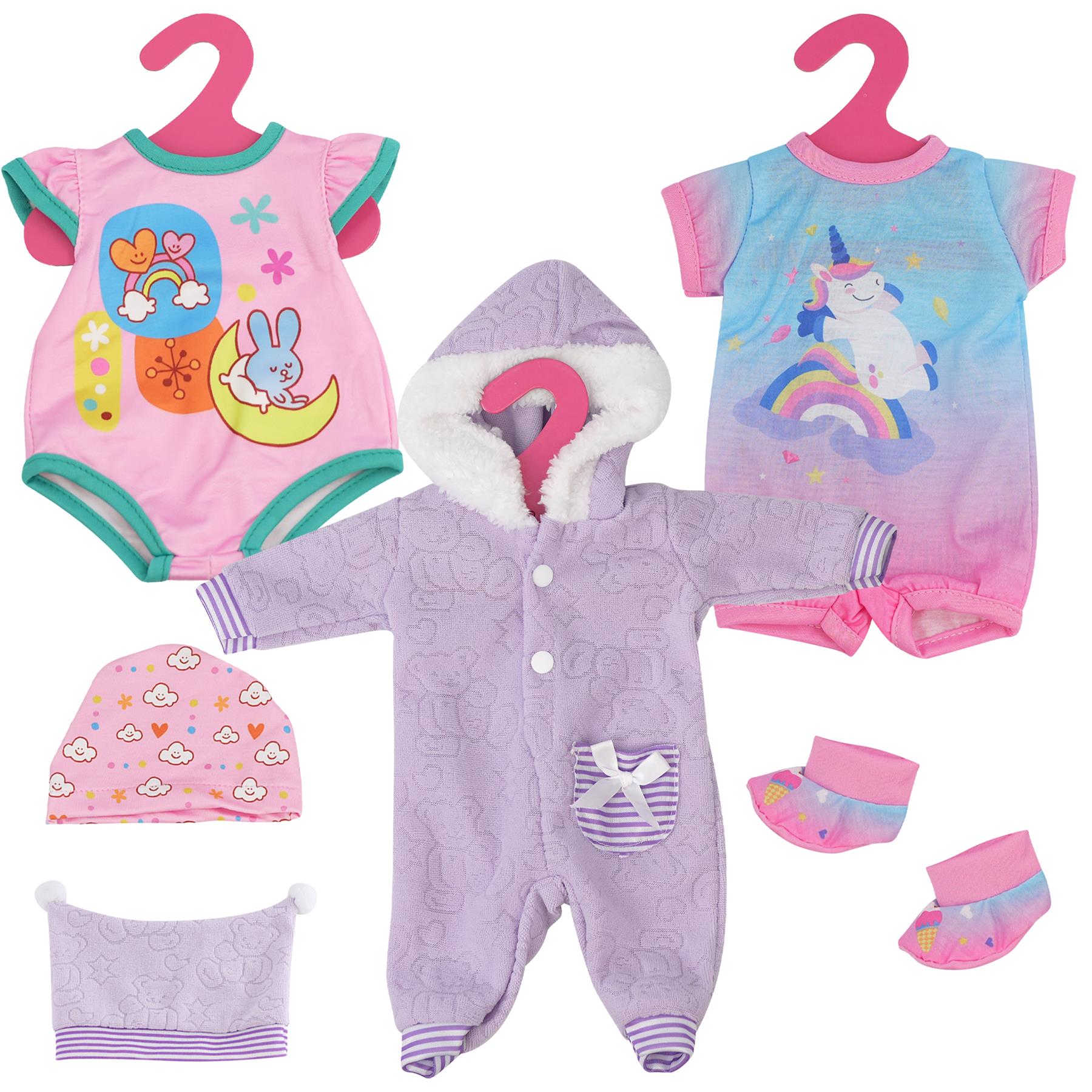 Bundle of baby clothes for dolls including pajamas, romper, jacket, and socks with a unicorn theme. - The Magic Toy Shop