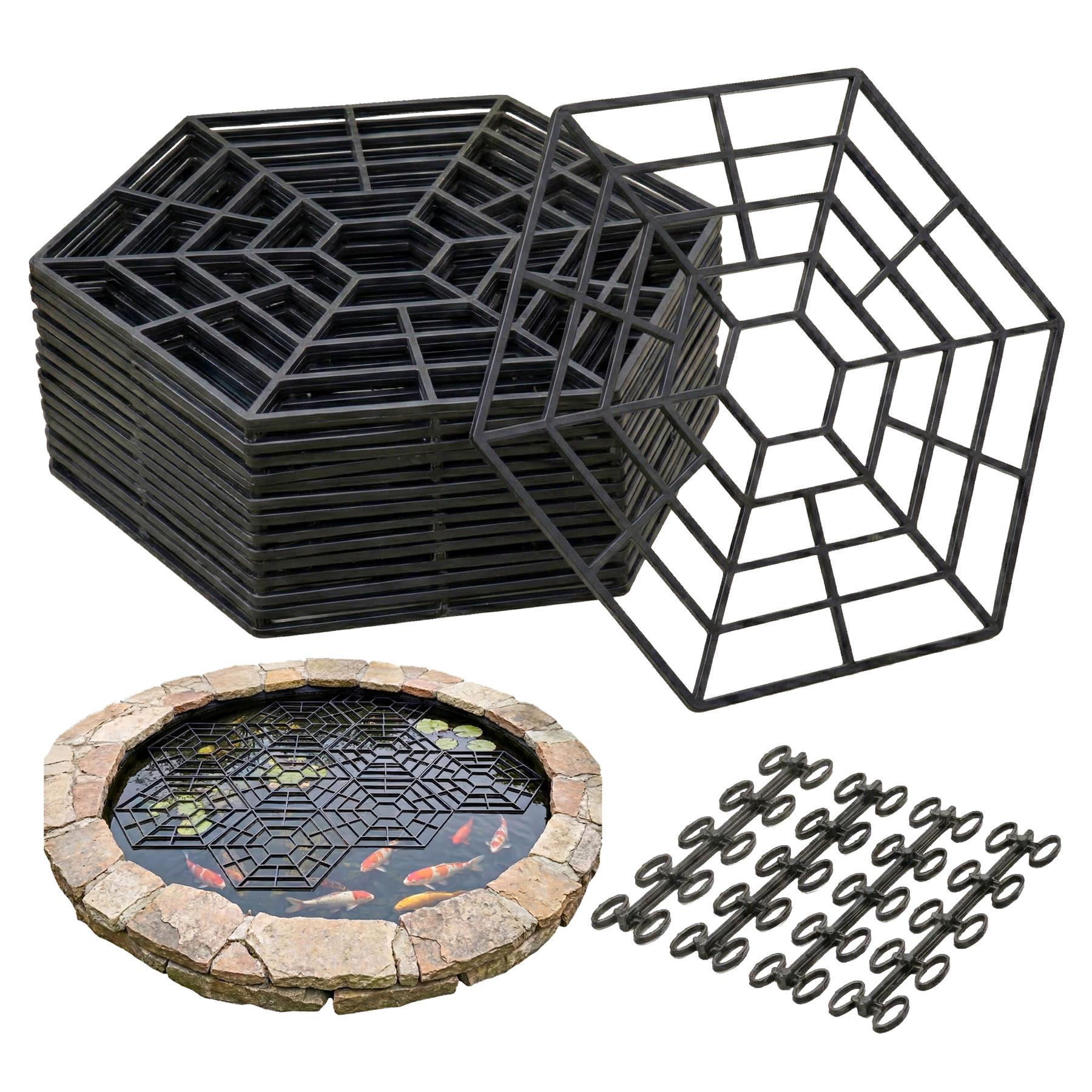 The image shows hexagonal metal pond grids, a circular pond section, and small decorative rings.