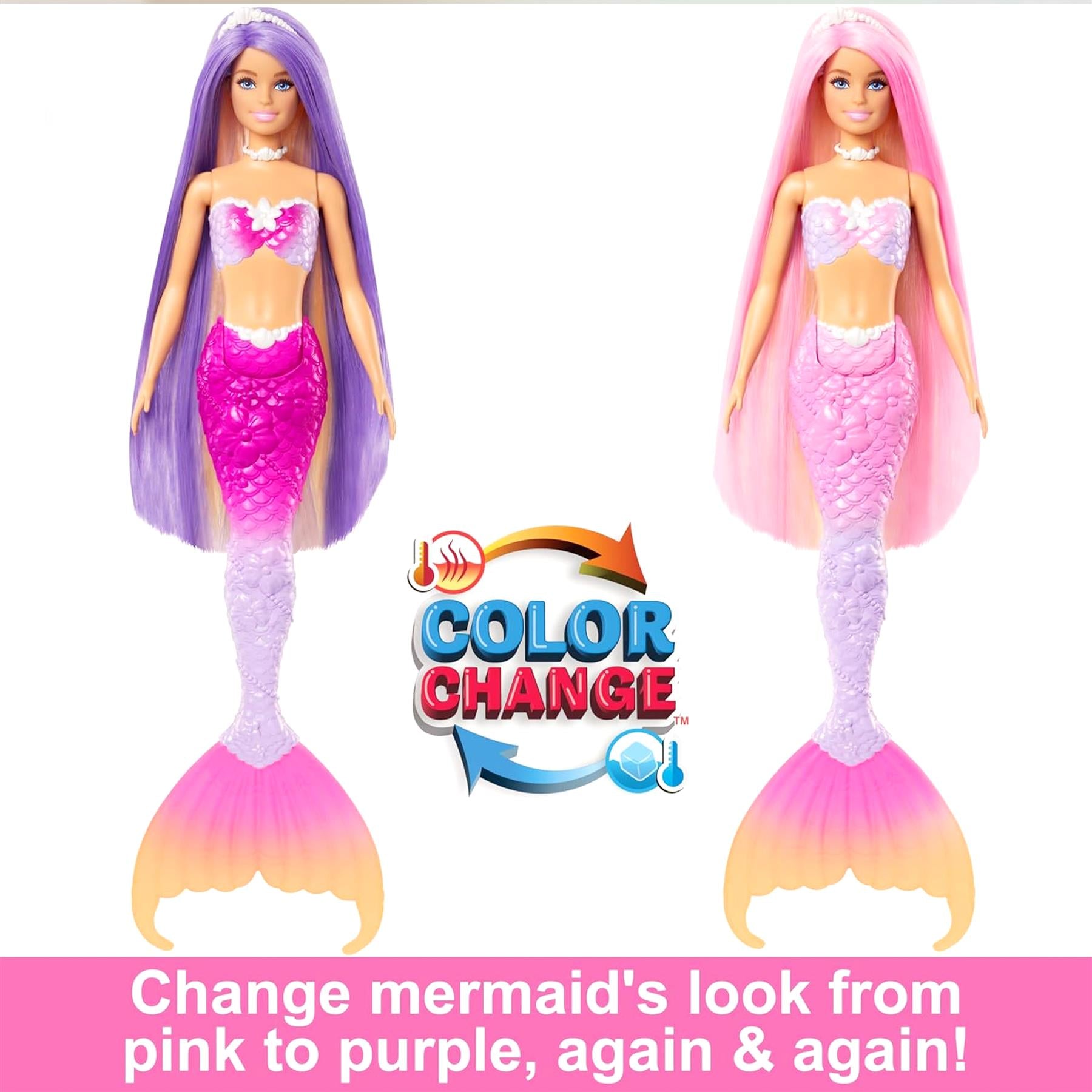 Plastic doll depicting a mermaid costume transitioning from purple to pink tones.
