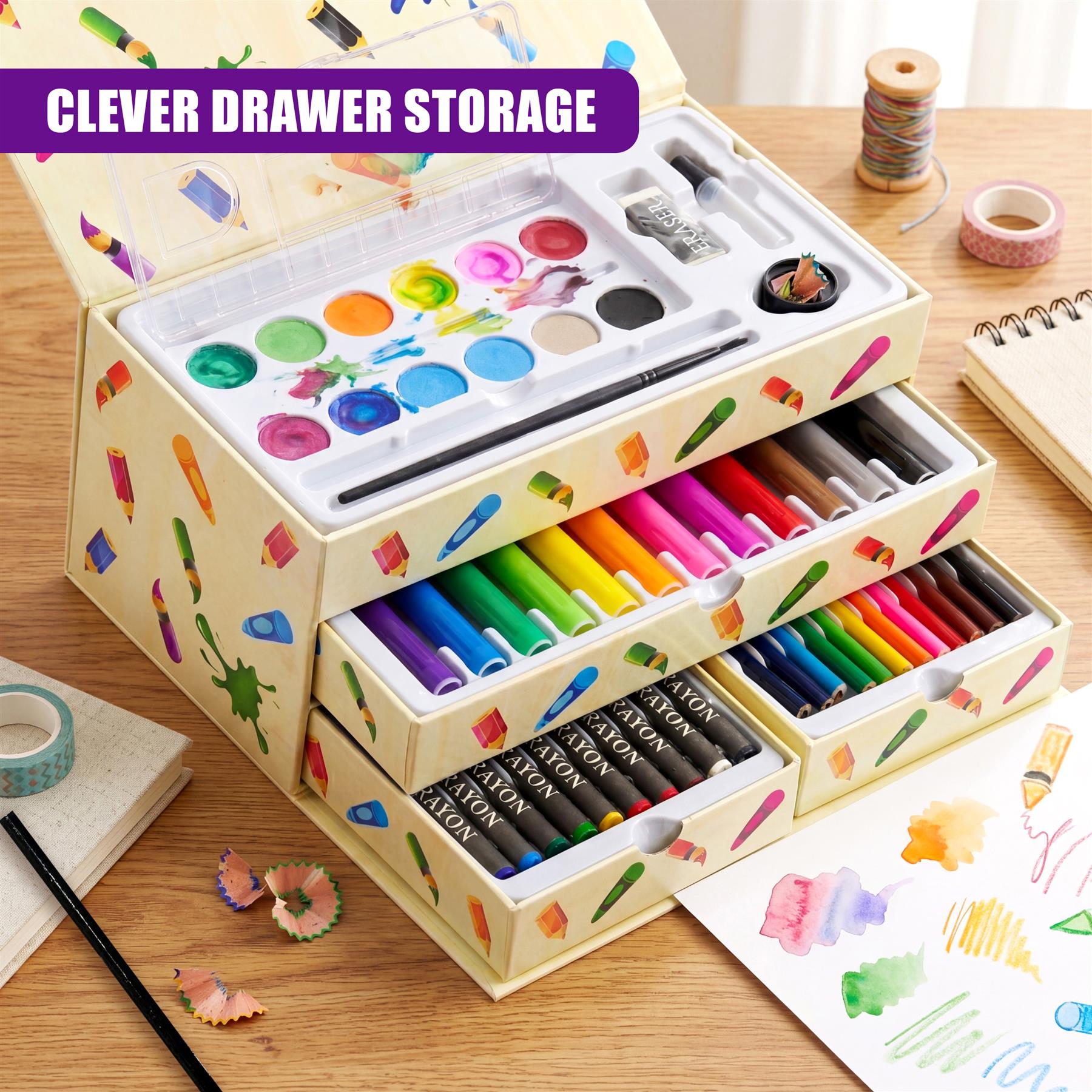Open art storage box featuring organized sections for paints, crayons, and colored pencils.