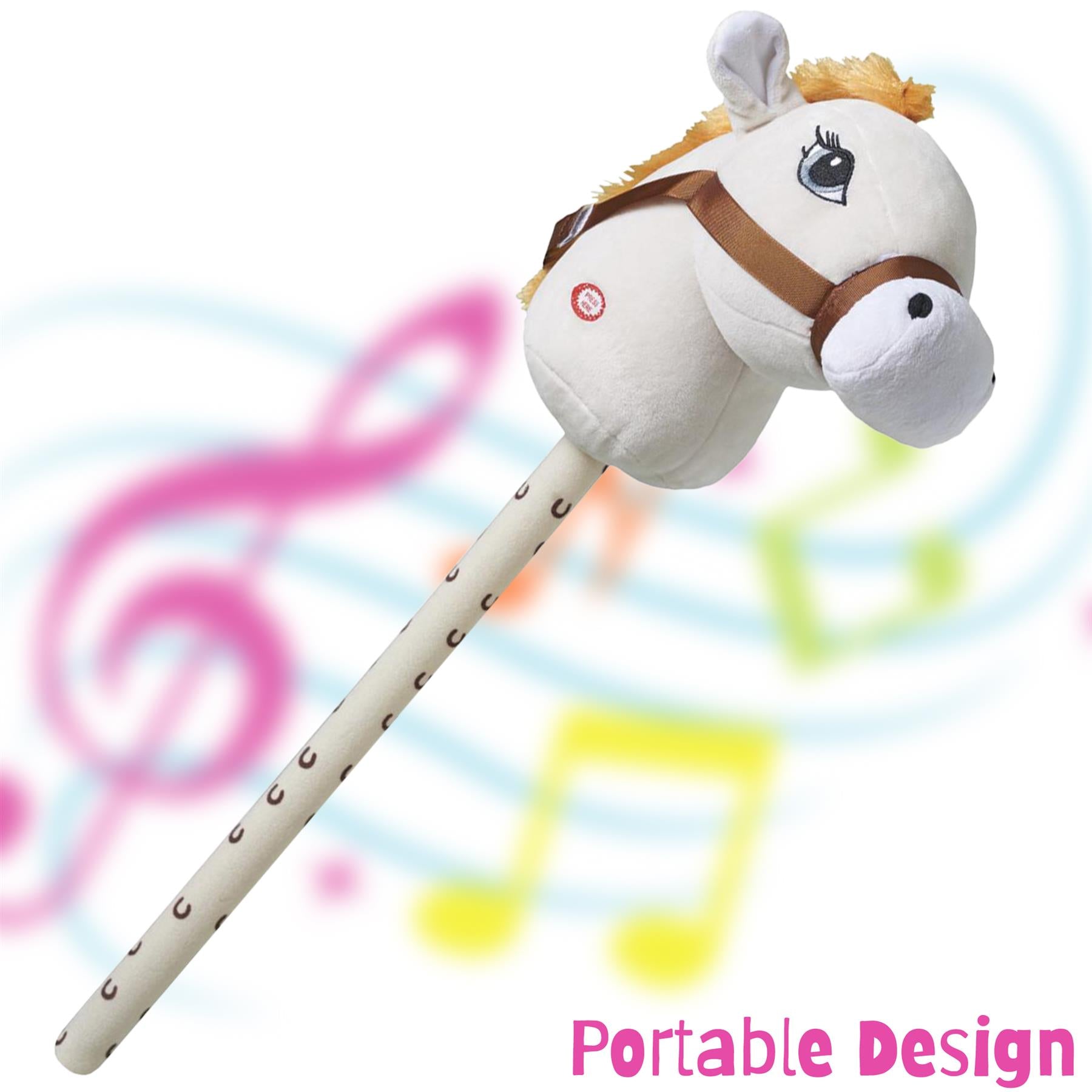 Soft cream hobby horse on a stick with a smiling face and brown bridle, featuring a lightweight design and colorful musical notes in the background. Ideal for imaginative play, this portable toy encourages creativity and physical activity. Perfect for children, it belongs to themagictoyshop.