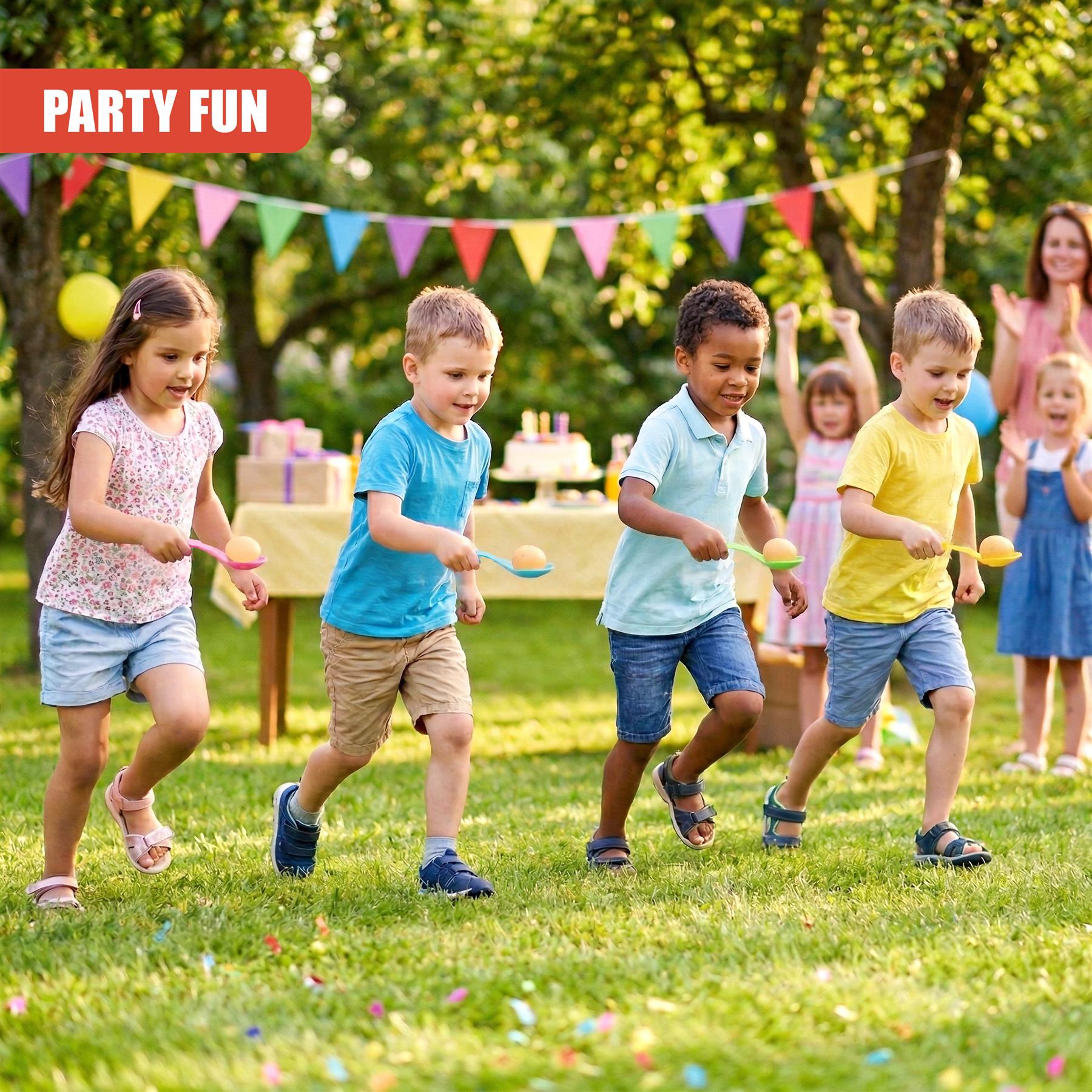 Several young children race across the grass while balancing eggs on spoons.