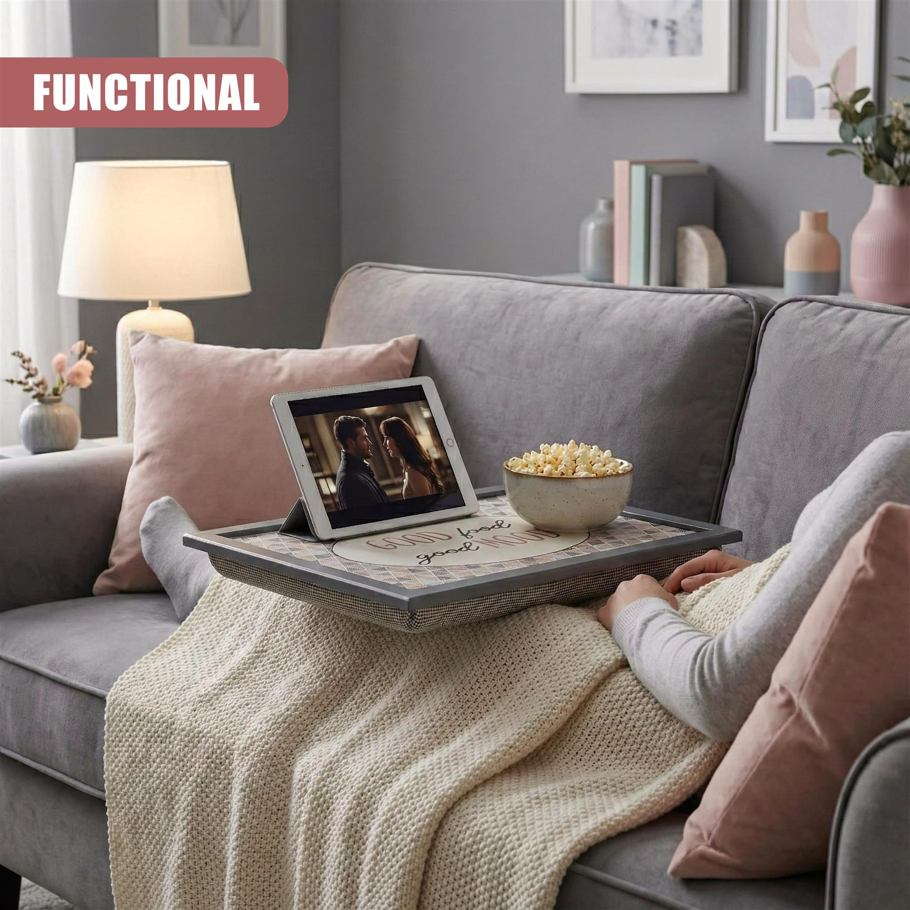 Lap Tray with Bean Bag Cushion Good Food Good Mood Design