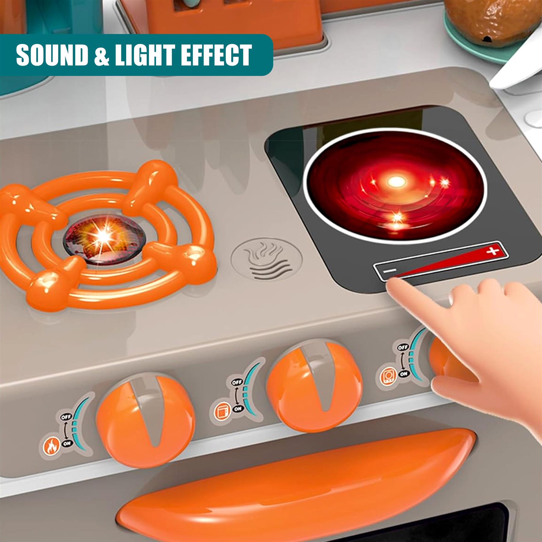 A toy kitchen cooking surface features a grill, toaster, and simulated sausages for play.