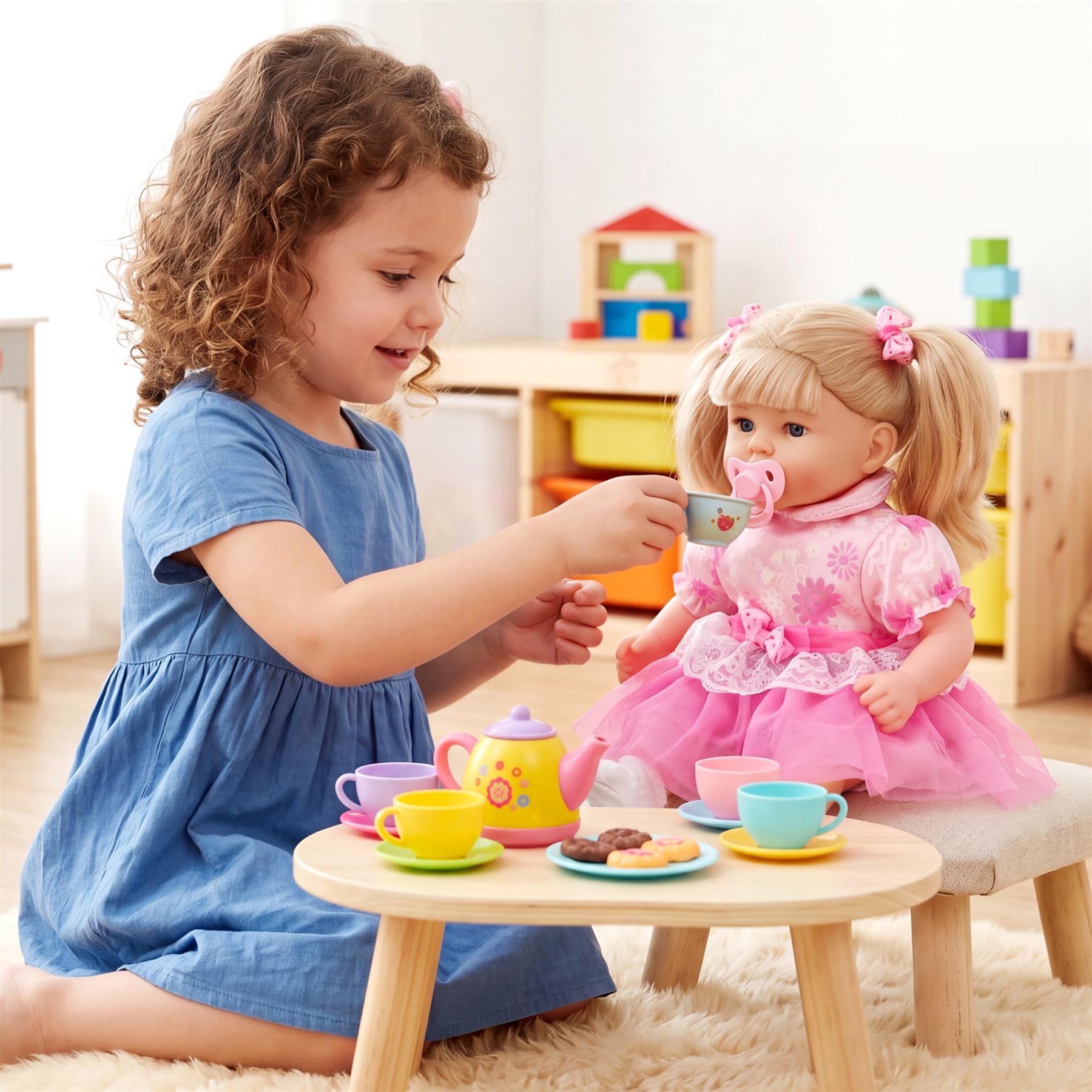 Girl feeding a blonde doll at a wooden table with teacups and playtime accessories.