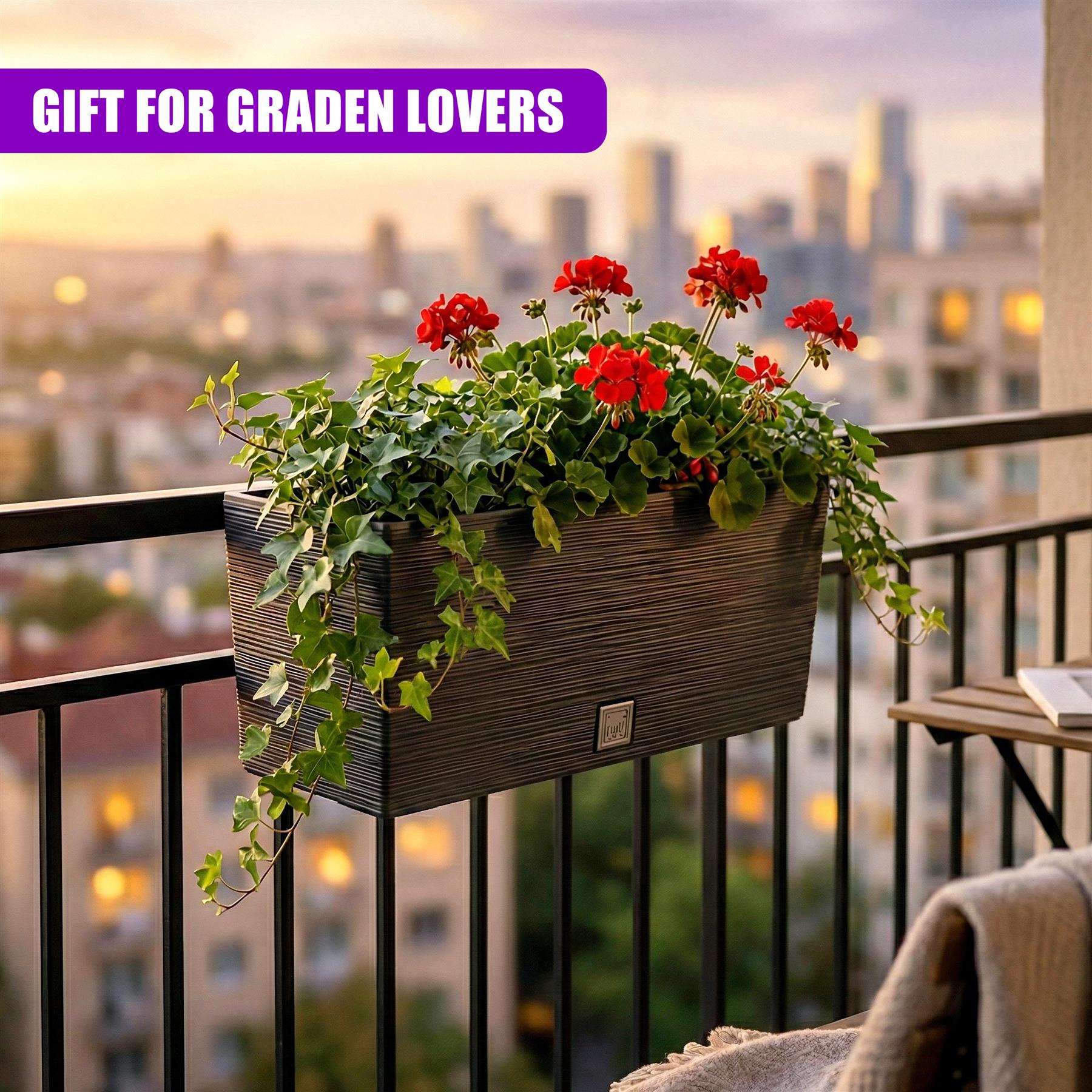 Dark slatted planter filled with vibrant red flowers and trailing green plants on a metal railing.