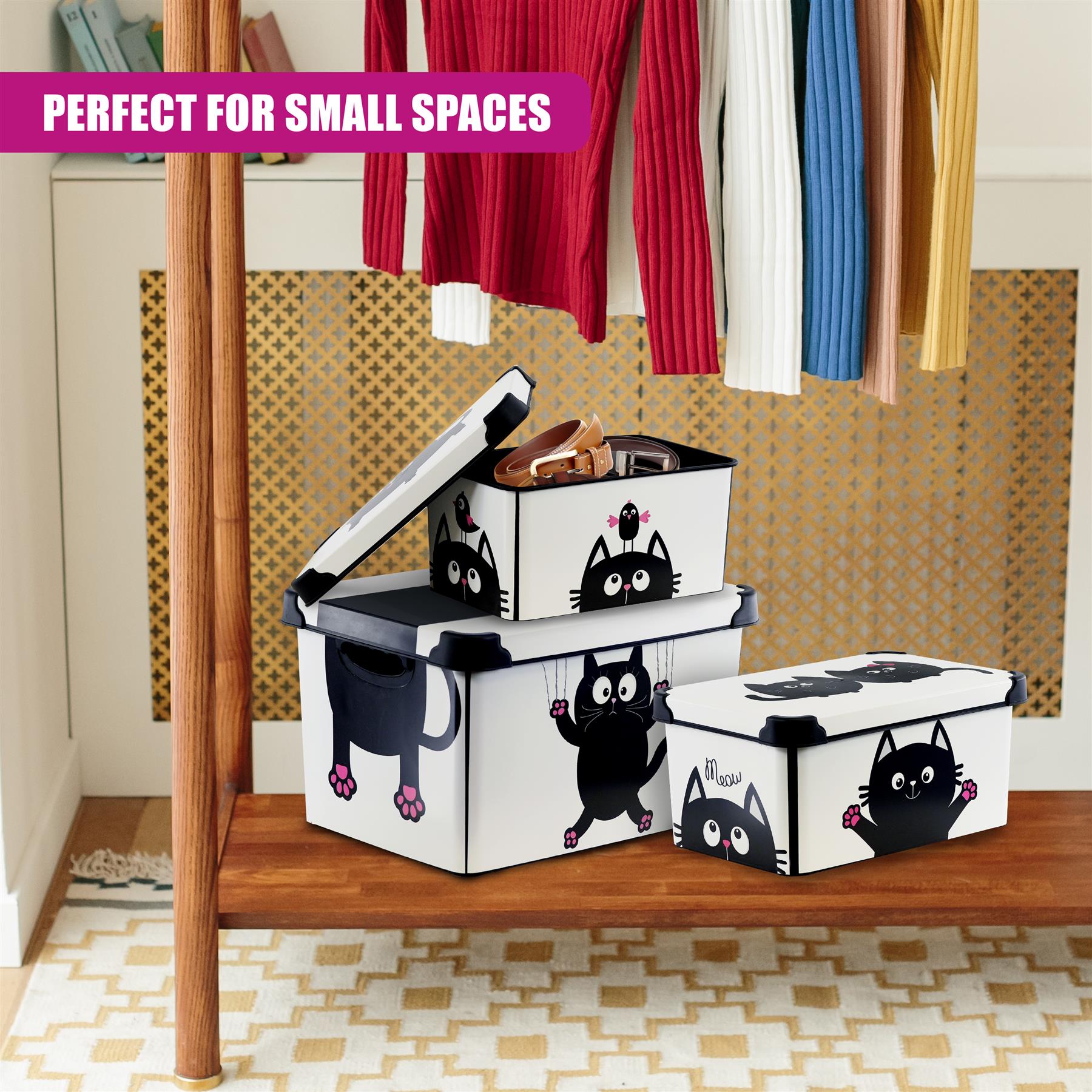 Cat Themed Storage Boxes with Lids - Set of 3