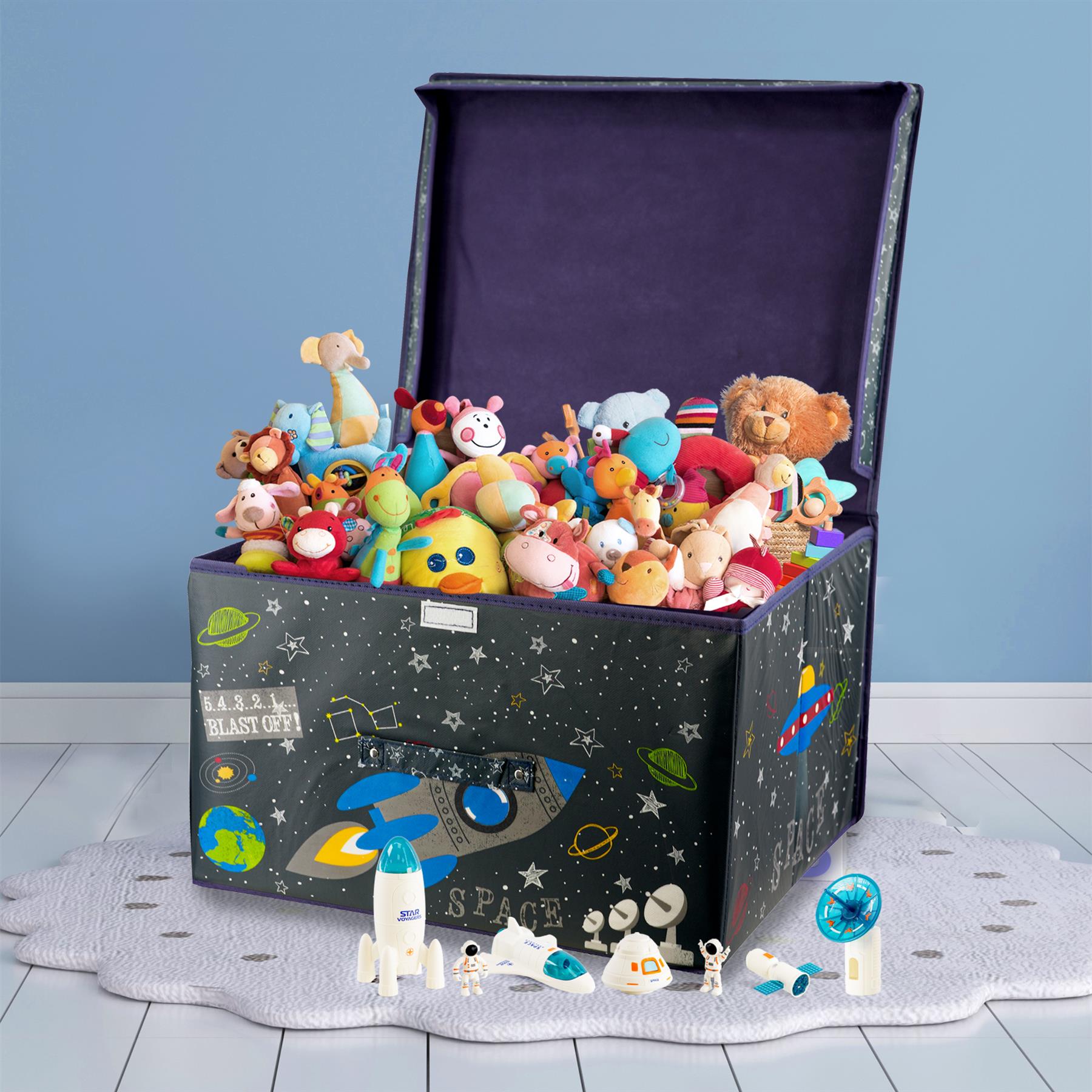 Space themed toy storage box filled with plush toys - The Magic Toy Shop