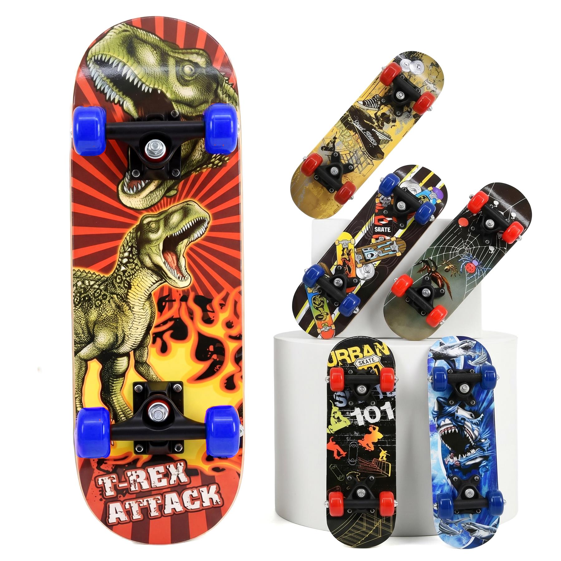 Group shot of multiple skateboards with varied colored designs and graphics.