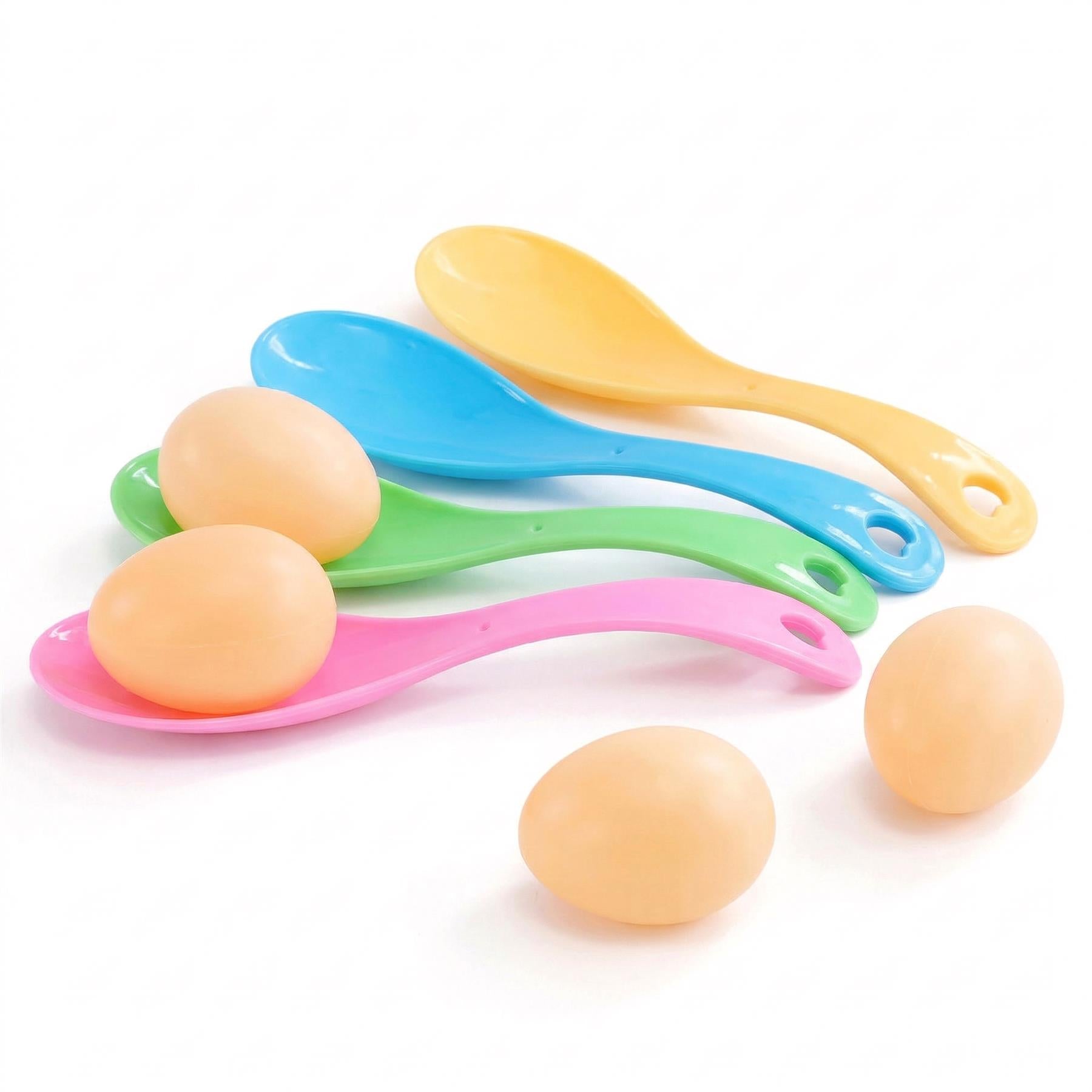 A toy set featuring colorful plastic spoons and multiple artificial eggs for a race game.