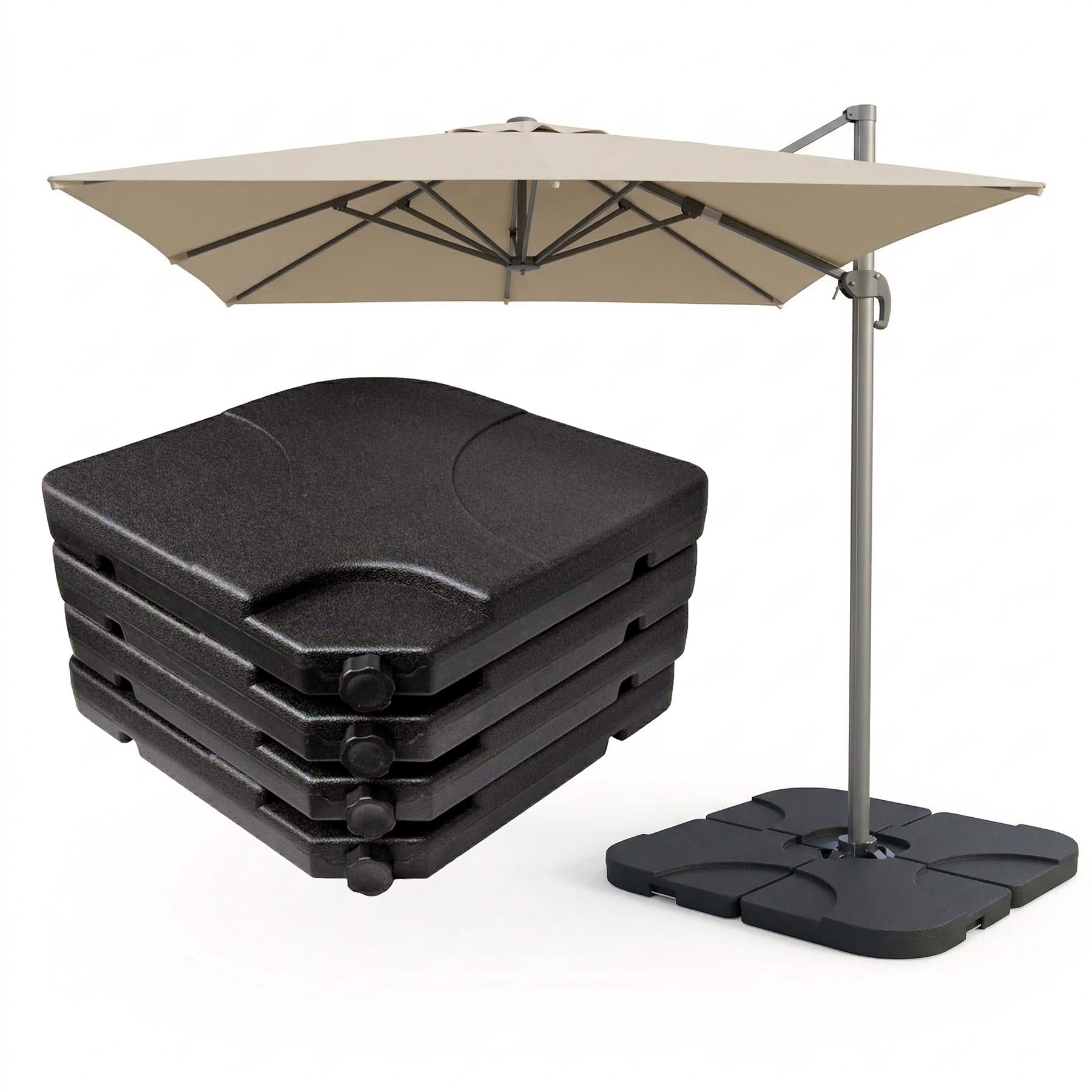 Stack of four dark, square bases and a beige cantilever patio parasol with a square metal pole base.