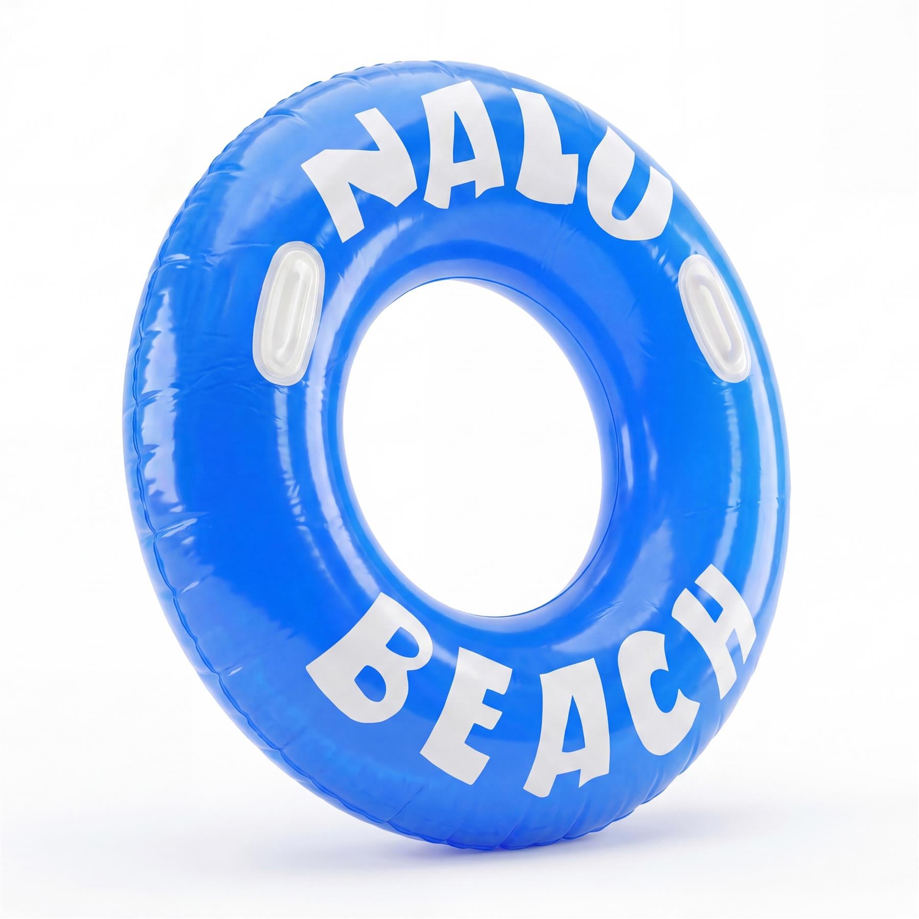 Blue inflatable ring with "NALU" and "BEACH" printed in white text.