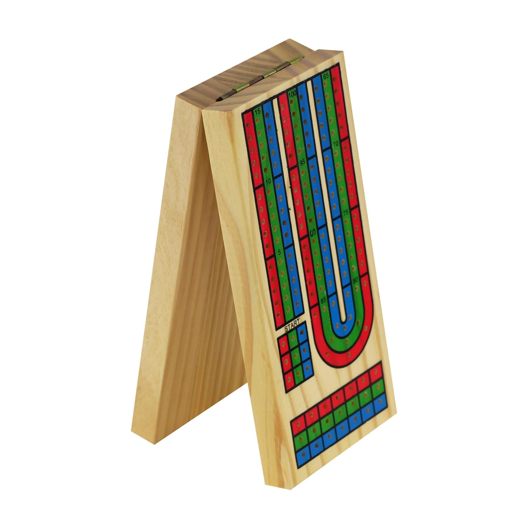 Wooden cribbage game board featuring a colored scoring track, a U-shaped pathway, and a playing field.