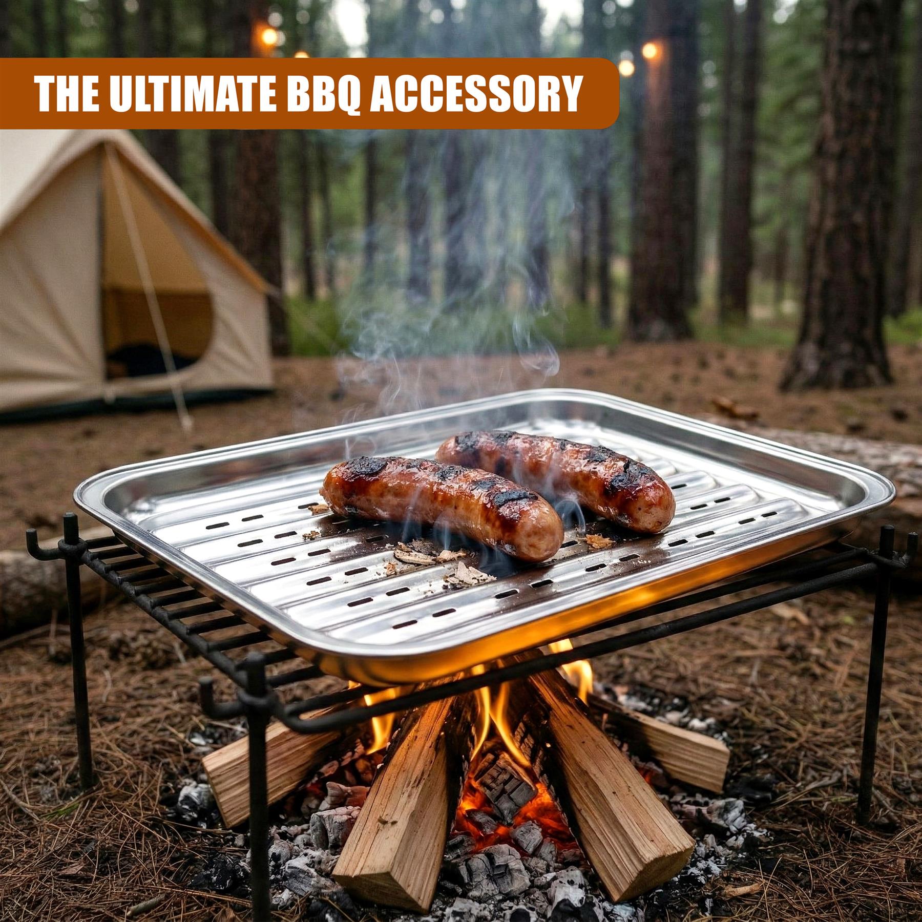 Metal grilling tray holding two sausages over burning wood coals and embers.