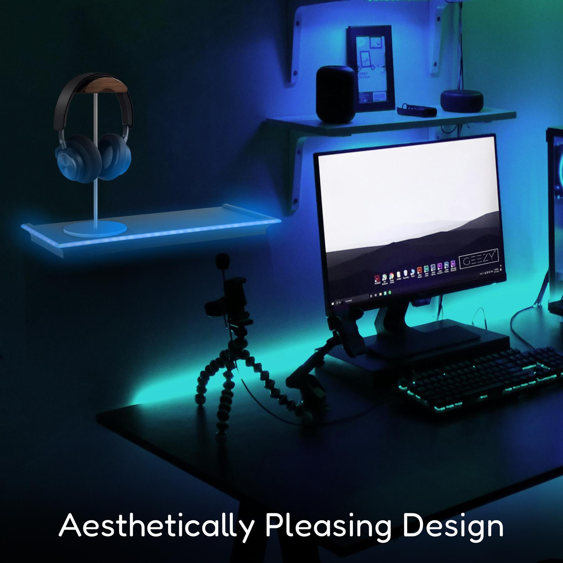 A modern workspace featuring GEEZY Black Floating Shelves with LED Neon Lights. The image shows a sleek monitor, a stylish headphone stand with blue headphones, and a well-lit desk setup, all contributing to an aesthetically pleasing design. Perfect for gamers and home offices. themagictoyshop